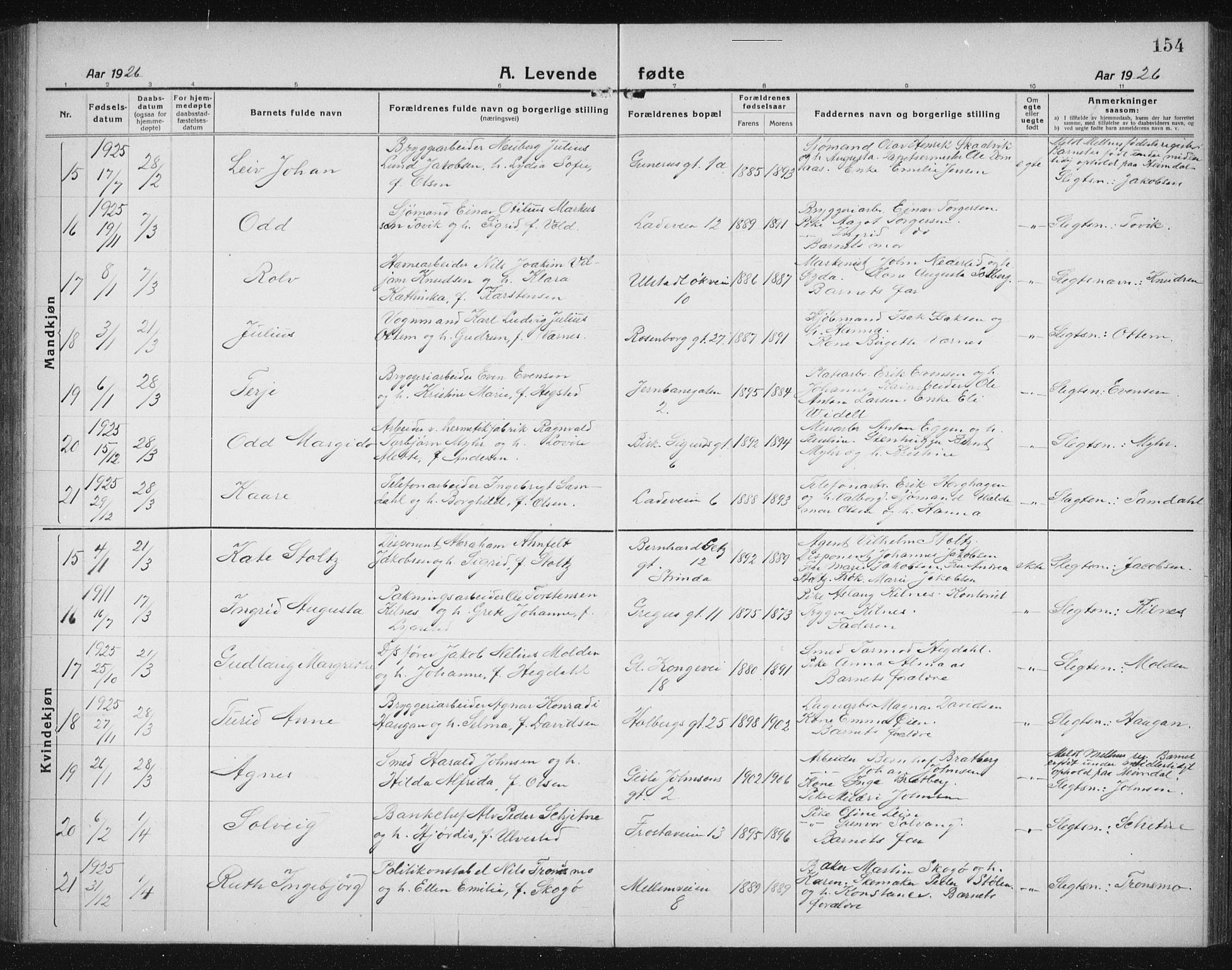 Ministerialprotokoller, klokkerbøker og fødselsregistre - Sør-Trøndelag, SAT/A-1456/605/L0259: Klokkerbok nr. 605C06, 1920-1937, s. 154