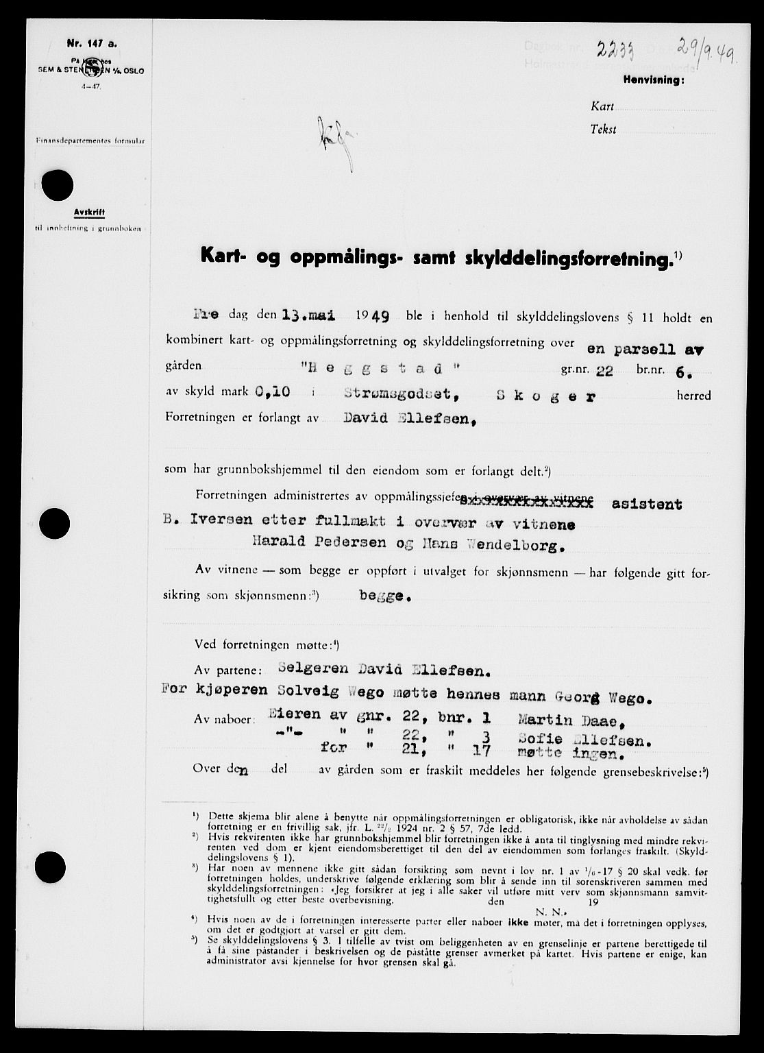 Holmestrand sorenskriveri, SAKO/A-67/G/Ga/Gaa/L0067: Pantebok nr. A-67, 1949-1949, Dagboknr: 2233/1949