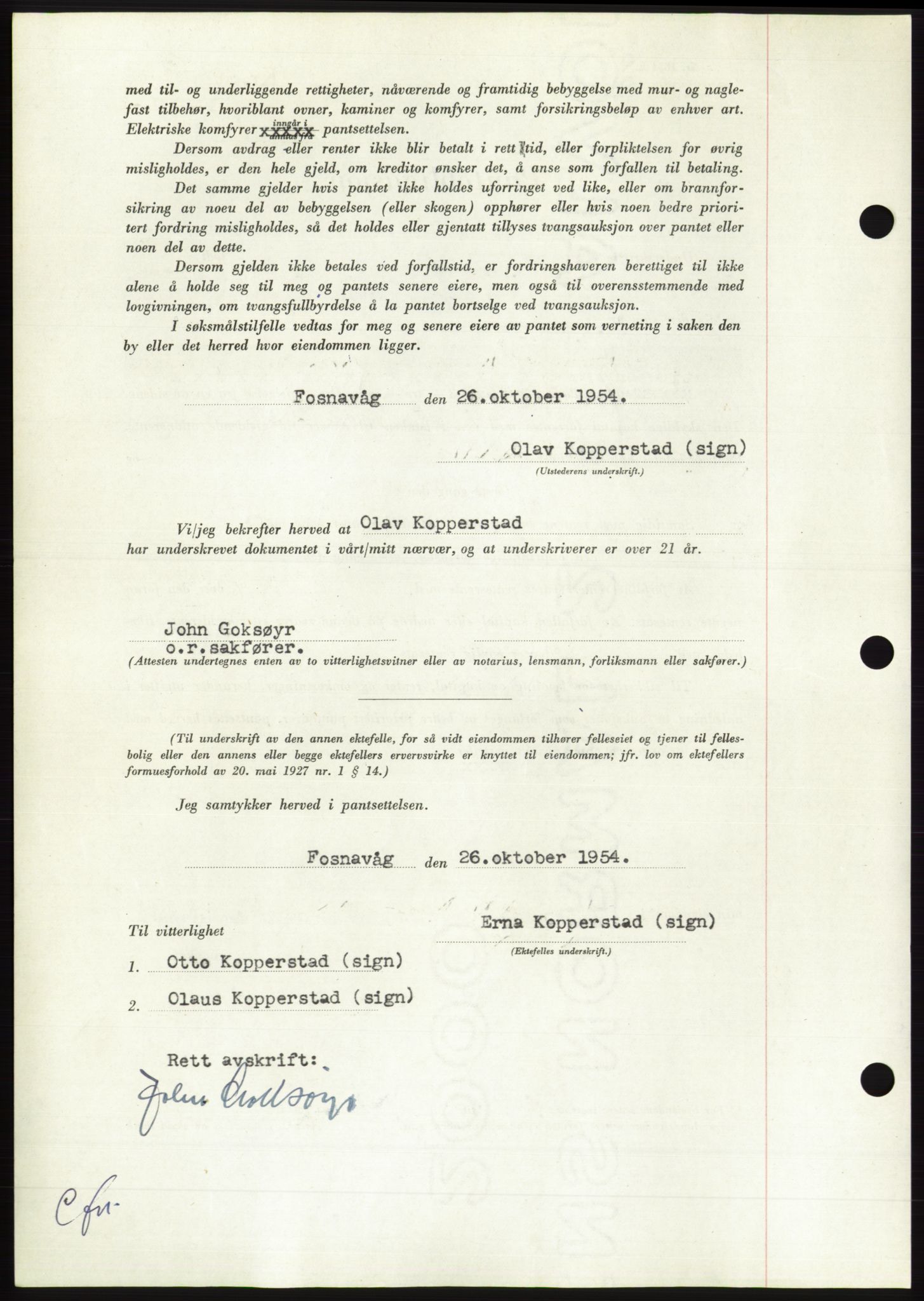 Søre Sunnmøre sorenskriveri, AV/SAT-A-4122/1/2/2C/L0126: Pantebok nr. 14B, 1954-1955, Dagboknr: 2826/1954