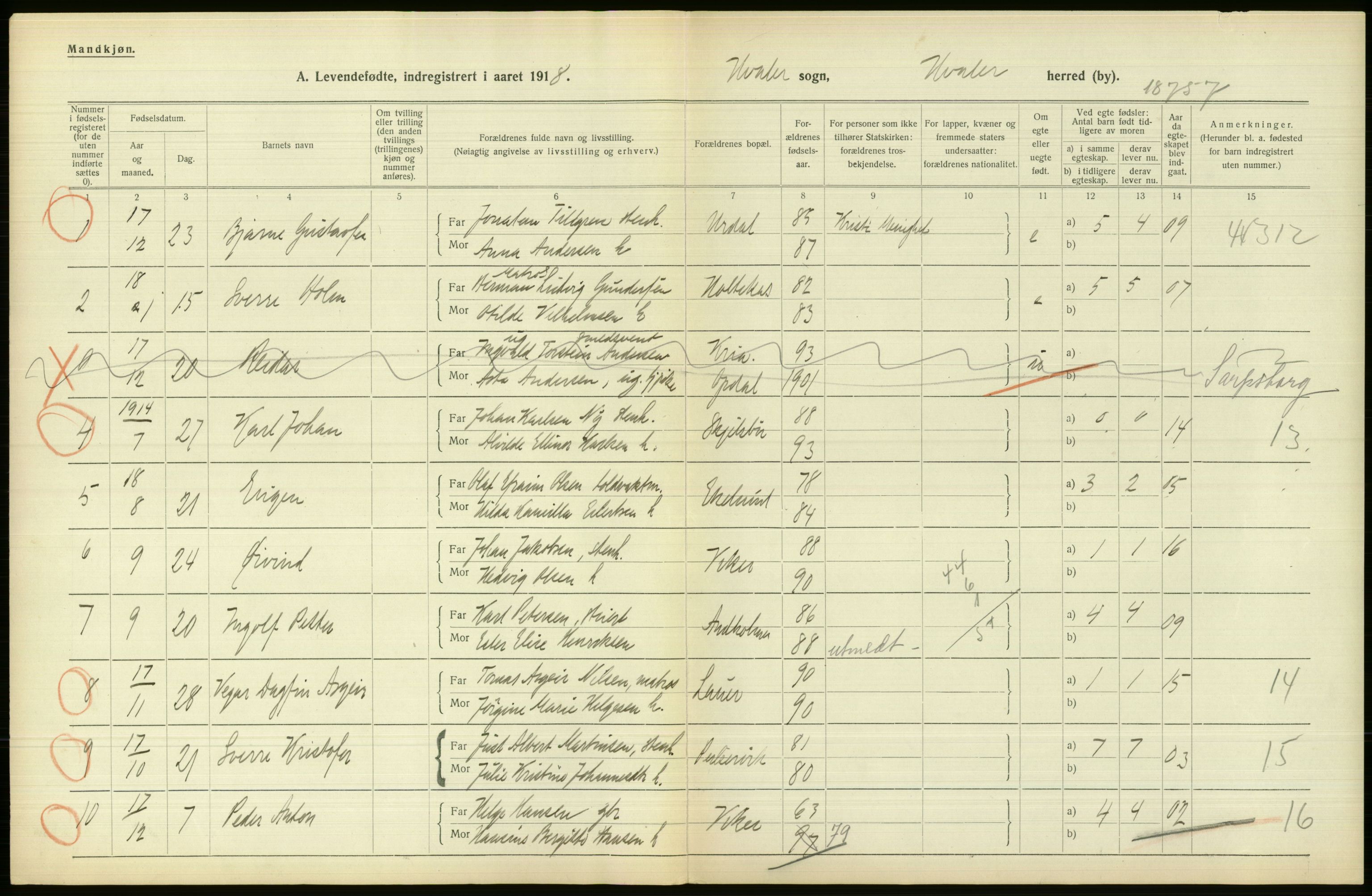 Statistisk sentralbyrå, Sosiodemografiske emner, Befolkning, RA/S-2228/D/Df/Dfb/Dfbh/L0001: Østfold fylke: Levendefødte menn og kvinner. Bygder., 1918, s. 90