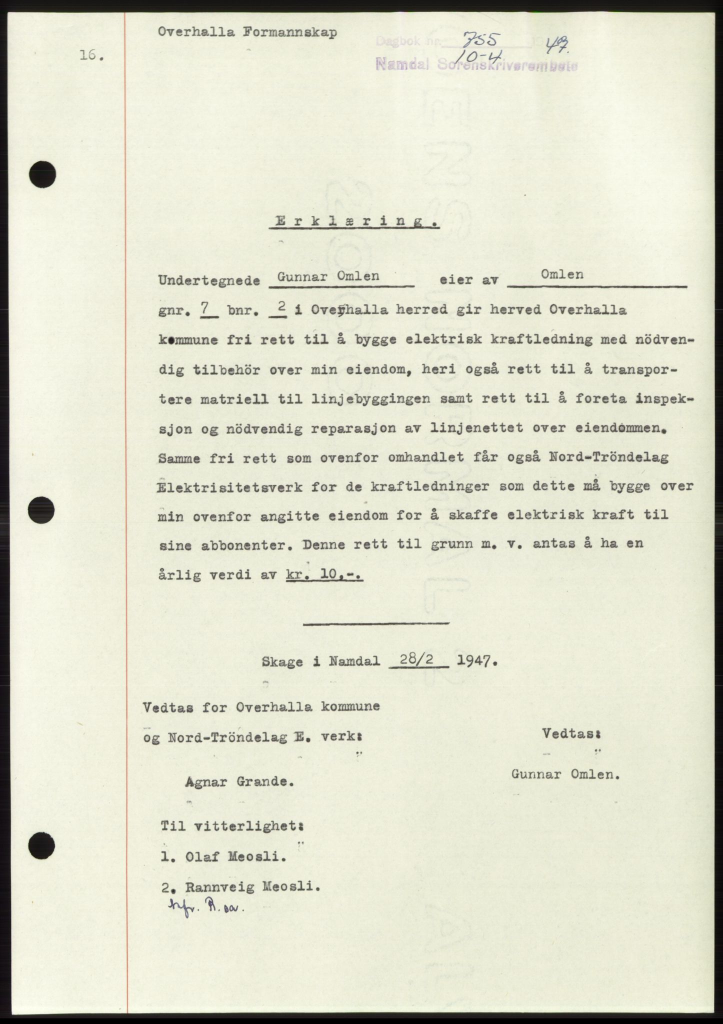 Namdal sorenskriveri, SAT/A-4133/1/2/2C: Pantebok nr. -, 1947-1947, Dagboknr: 755/1947