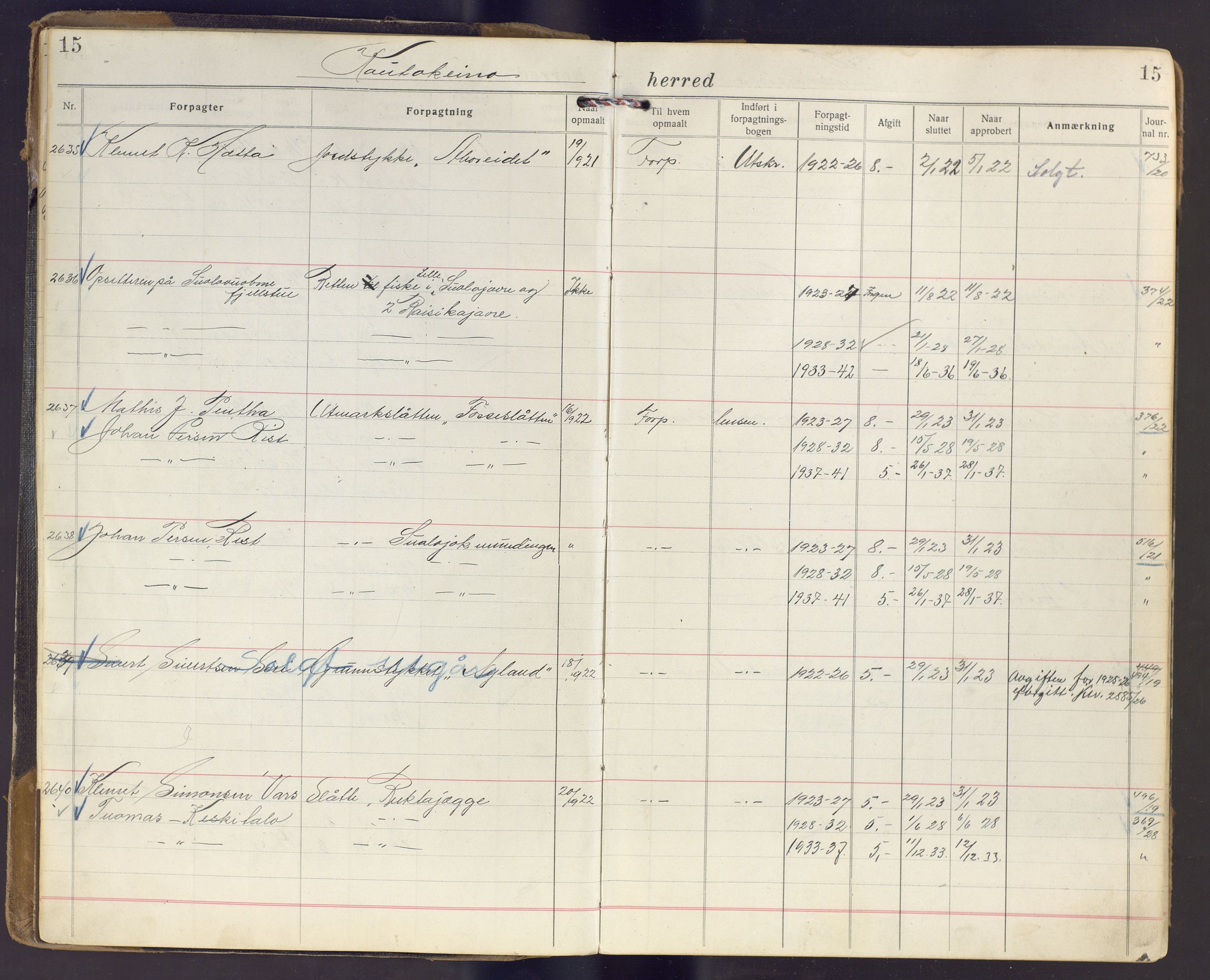 Finnmark jordsalgskommisjon/jordsalgskontor og Statskog SF Finnmark jordsalgskontor, AV/SATØ-S-1443/J/Ja/L0005: Forpaktningsbok for Finnmark I, 1913-1937, s. 15