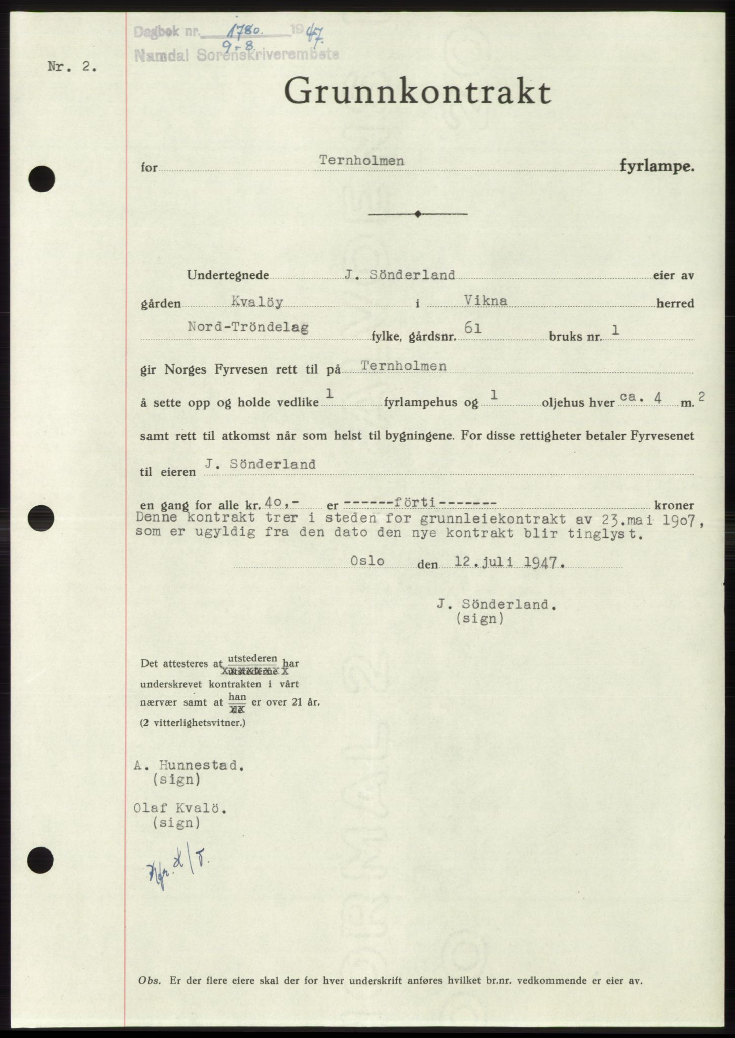 Namdal sorenskriveri, SAT/A-4133/1/2/2C: Pantebok nr. -, 1947-1947, Dagboknr: 1780/1947