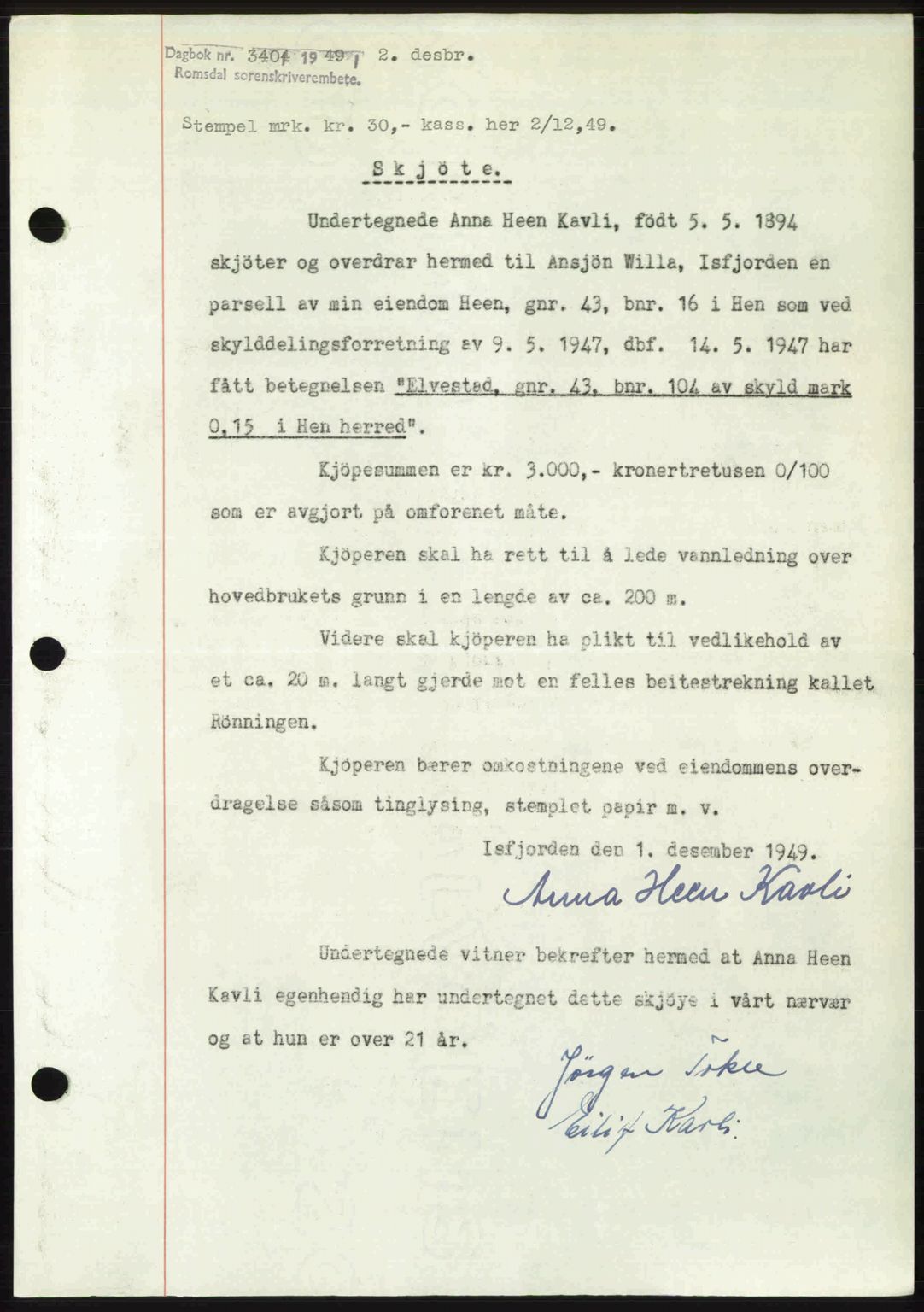 Romsdal sorenskriveri, SAT/A-4149/1/2/2C: Pantebok nr. A31, 1949-1949, Dagboknr: 3404/1949