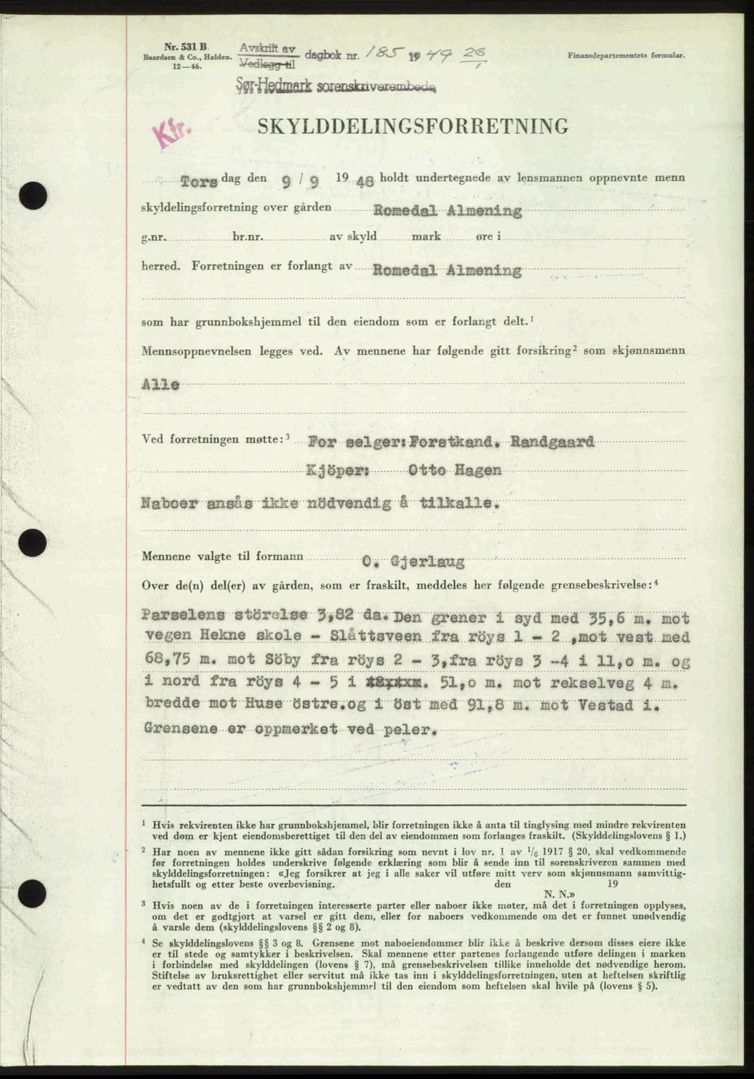 Sør-Hedmark sorenskriveri, SAH/TING-014/H/Hb/Hbd/L0018: Pantebok nr. 18, 1948-1949, Dagboknr: 185/1949