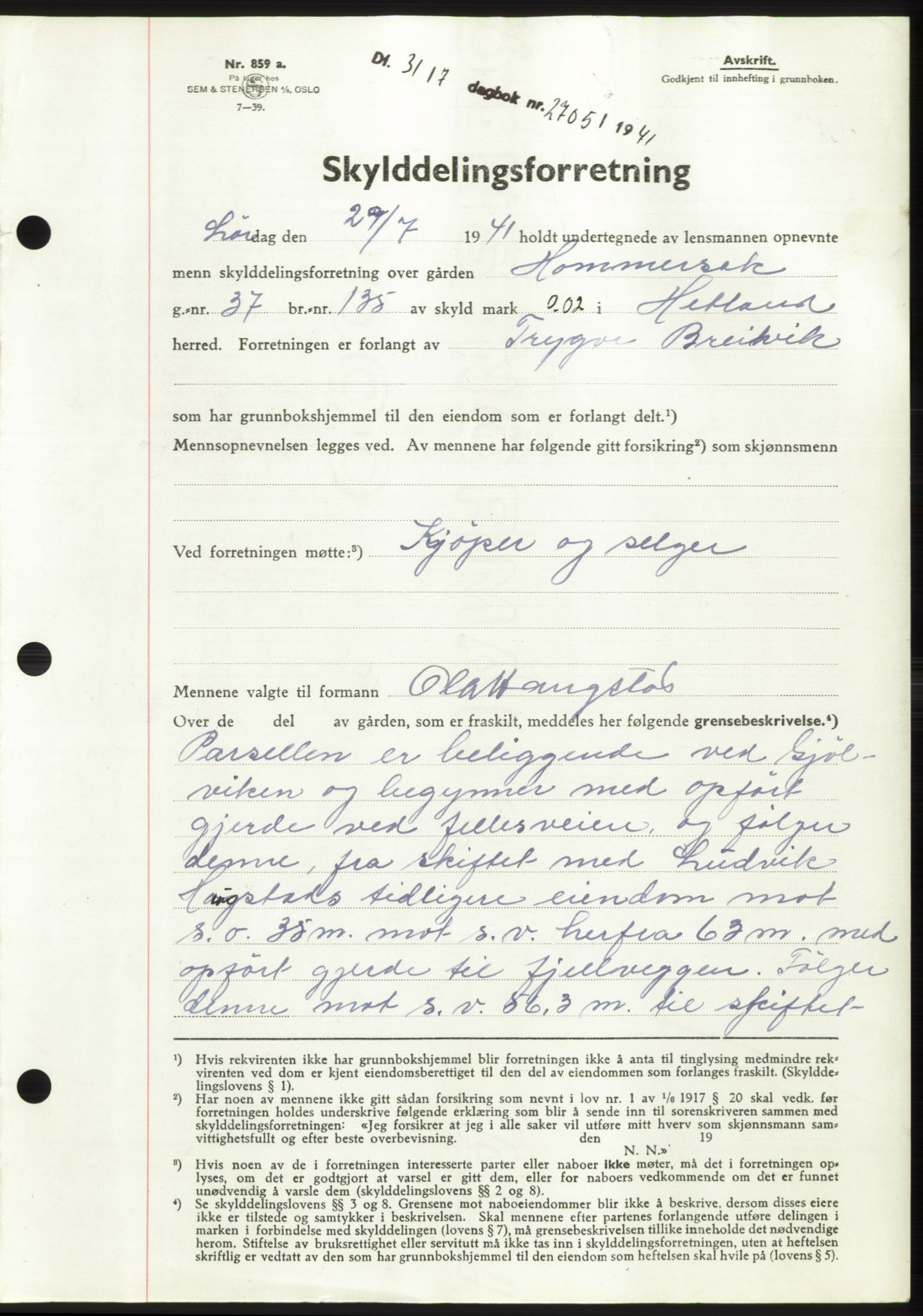 Jæren sorenskriveri, SAST/A-100310/03/G/Gba/L0080: Pantebok, 1941-1941, Dagboknr: 2705/1941