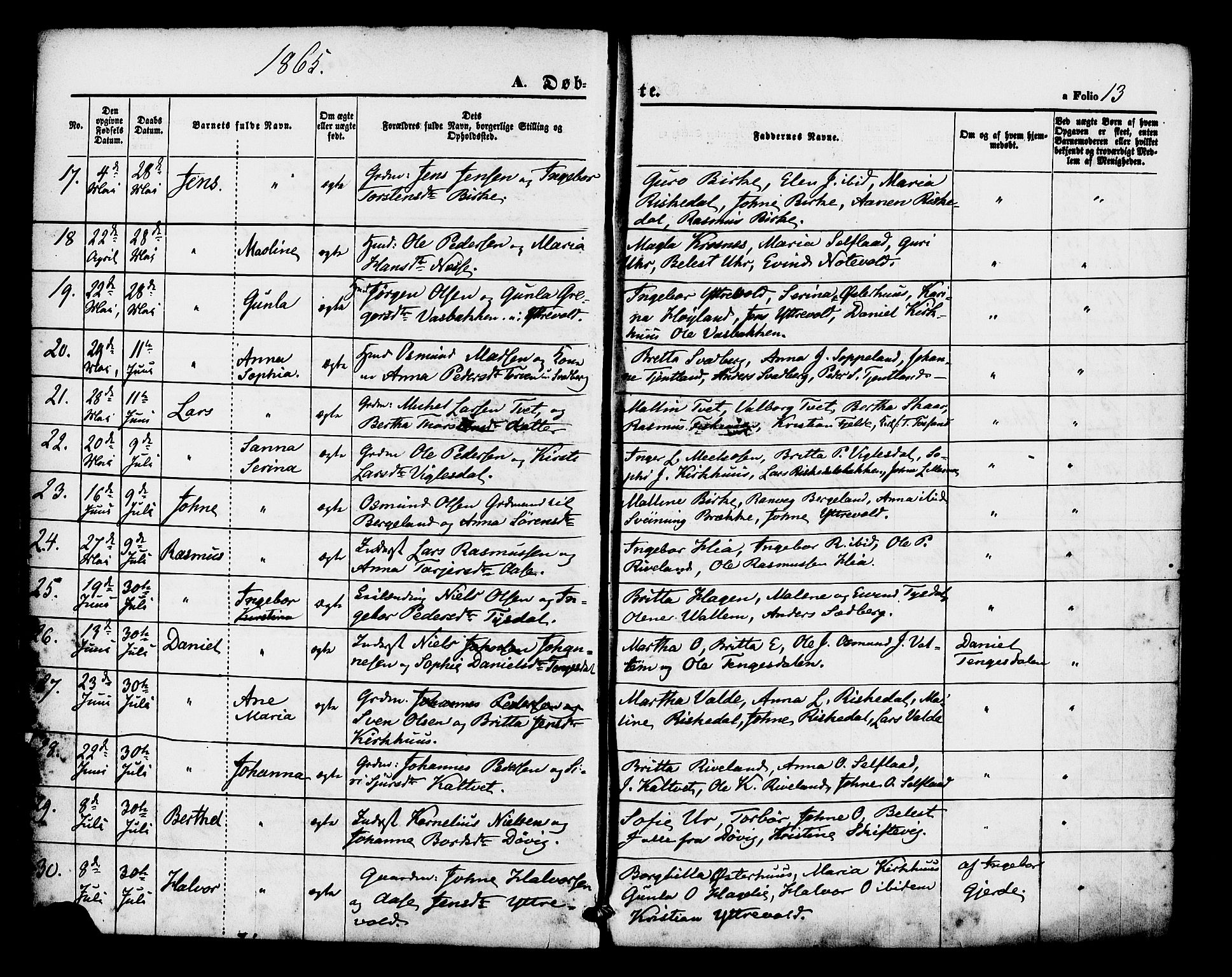 Hjelmeland sokneprestkontor, AV/SAST-A-101843/01/IV/L0012: Ministerialbok nr. A 12, 1862-1886, s. 13
