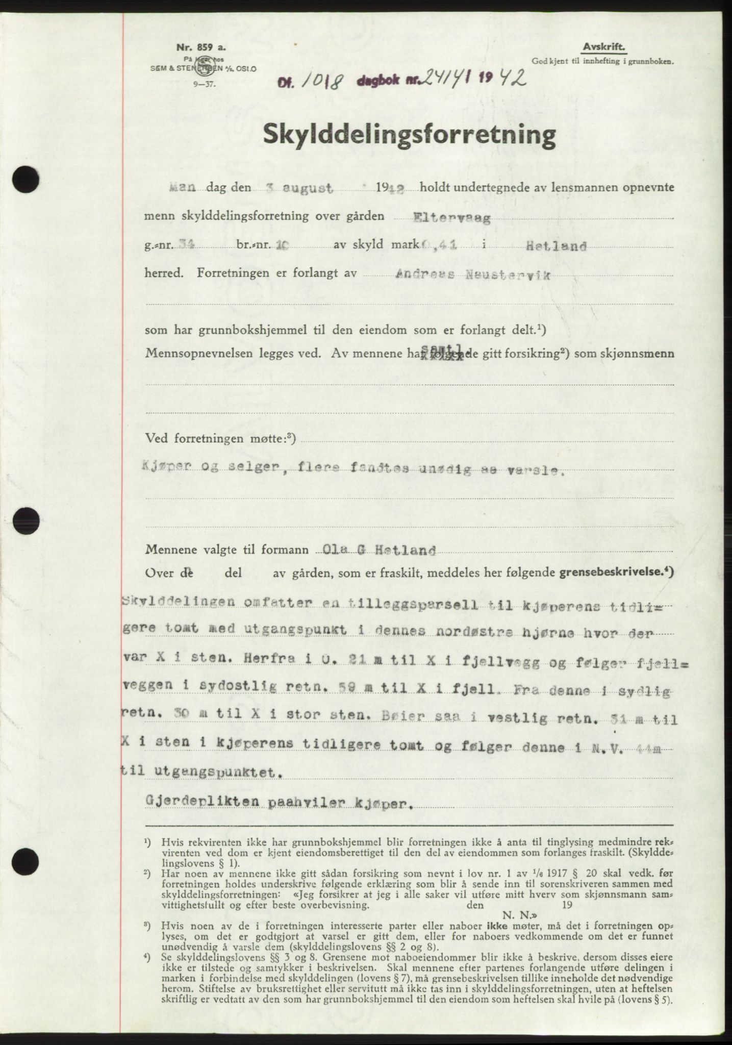 Jæren sorenskriveri, SAST/A-100310/03/G/Gba/L0083: Pantebok, 1942-1942, Dagboknr: 2414/1942