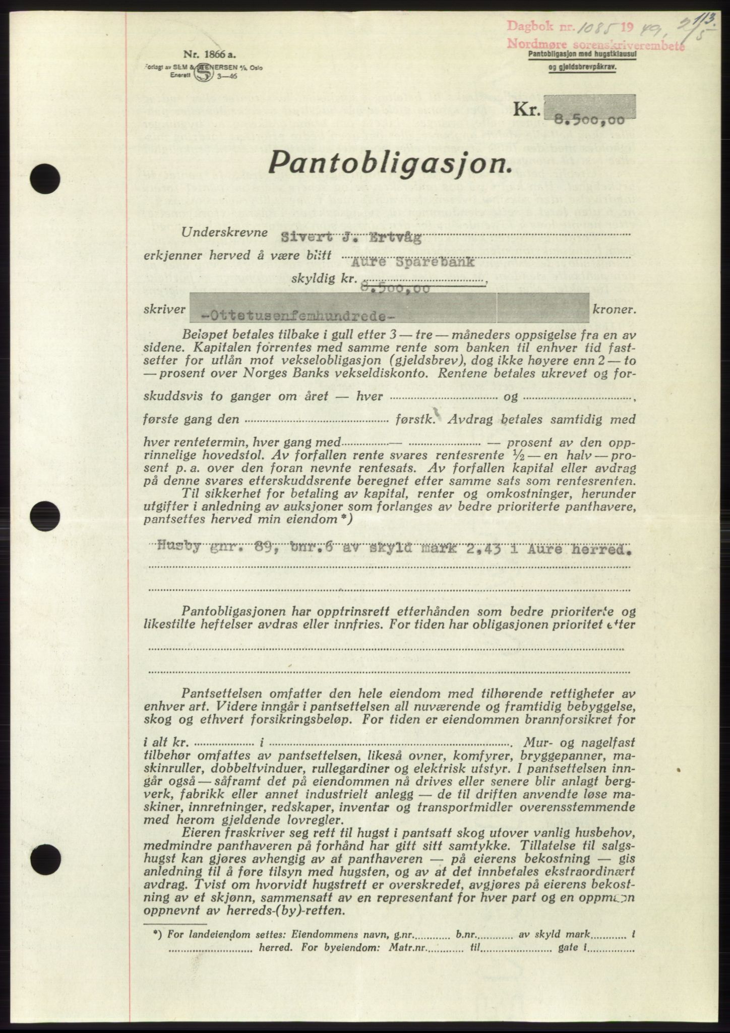 Nordmøre sorenskriveri, SAT/A-4132/1/2/2Ca: Pantebok nr. B101, 1949-1949, Dagboknr: 1085/1949