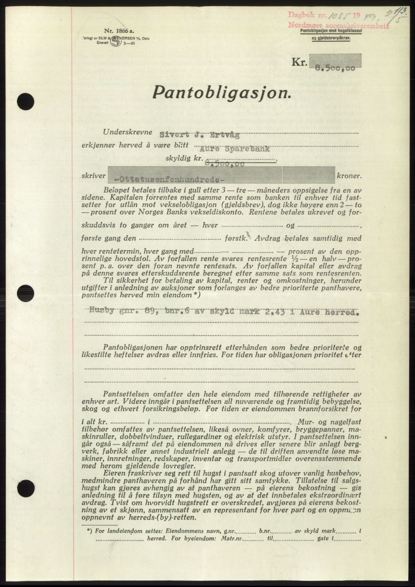 Nordmøre sorenskriveri, AV/SAT-A-4132/1/2/2Ca: Pantebok nr. B101, 1949-1949, Dagboknr: 1085/1949