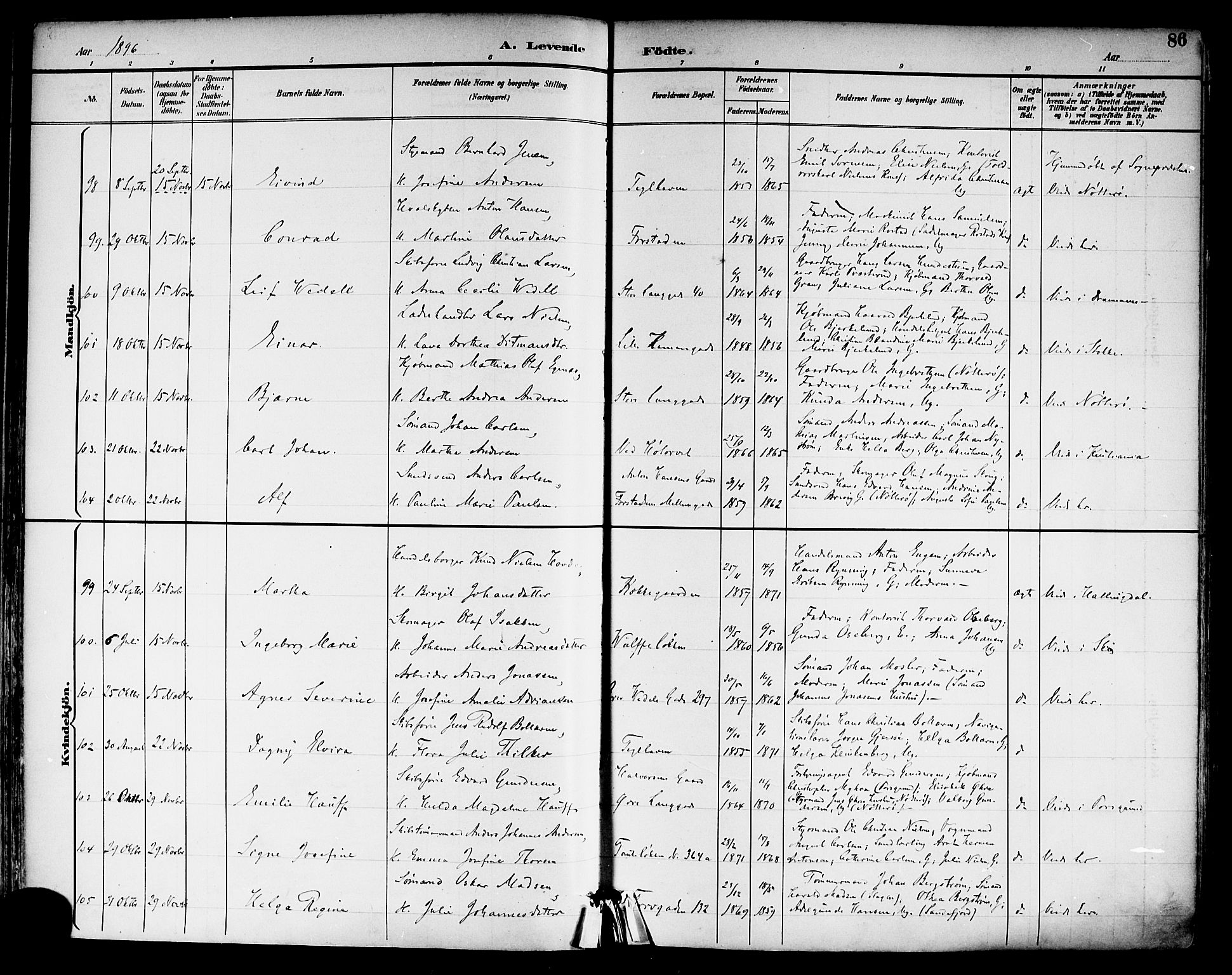 Tønsberg kirkebøker, AV/SAKO-A-330/F/Fa/L0012: Ministerialbok nr. I 12, 1891-1899, s. 86