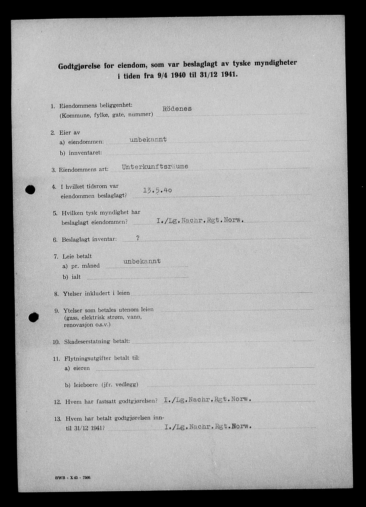 Justisdepartementet, Tilbakeføringskontoret for inndratte formuer, AV/RA-S-1564/I/L1010: Godtgjørelse for beslaglagt eiendom, 1940-1941, s. 19