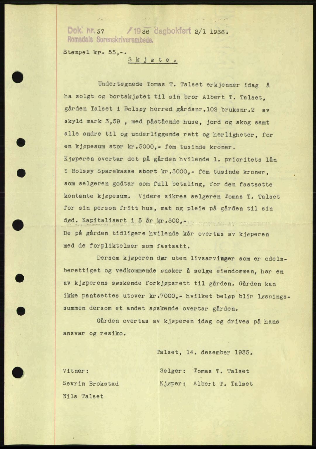 Romsdal sorenskriveri, SAT/A-4149/1/2/2C: Pantebok nr. A1, 1936-1936, Dagboknr: 37/1936