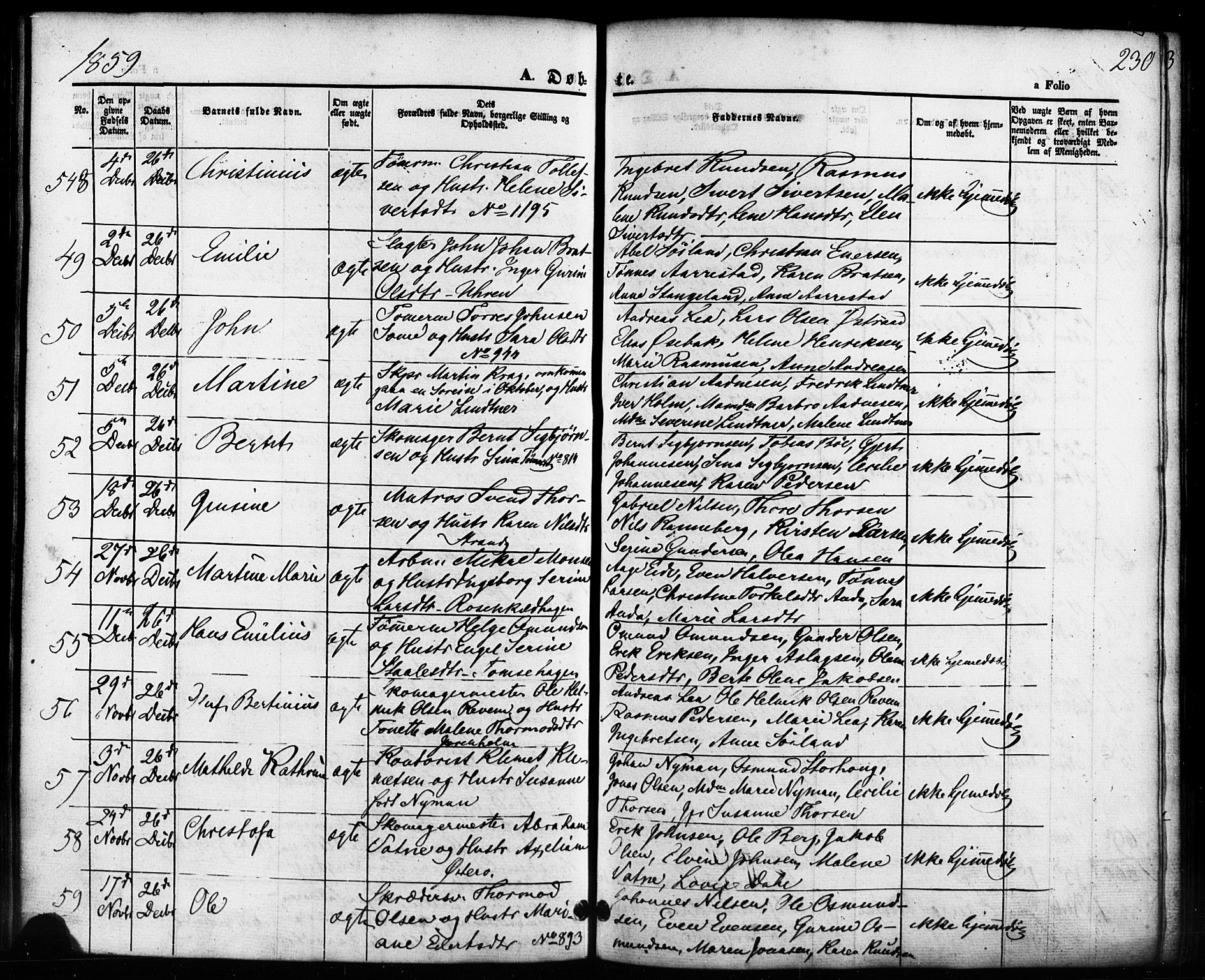 Domkirken sokneprestkontor, AV/SAST-A-101812/001/30/30BB/L0010: Klokkerbok nr. B 10, 1855-1860, s. 230