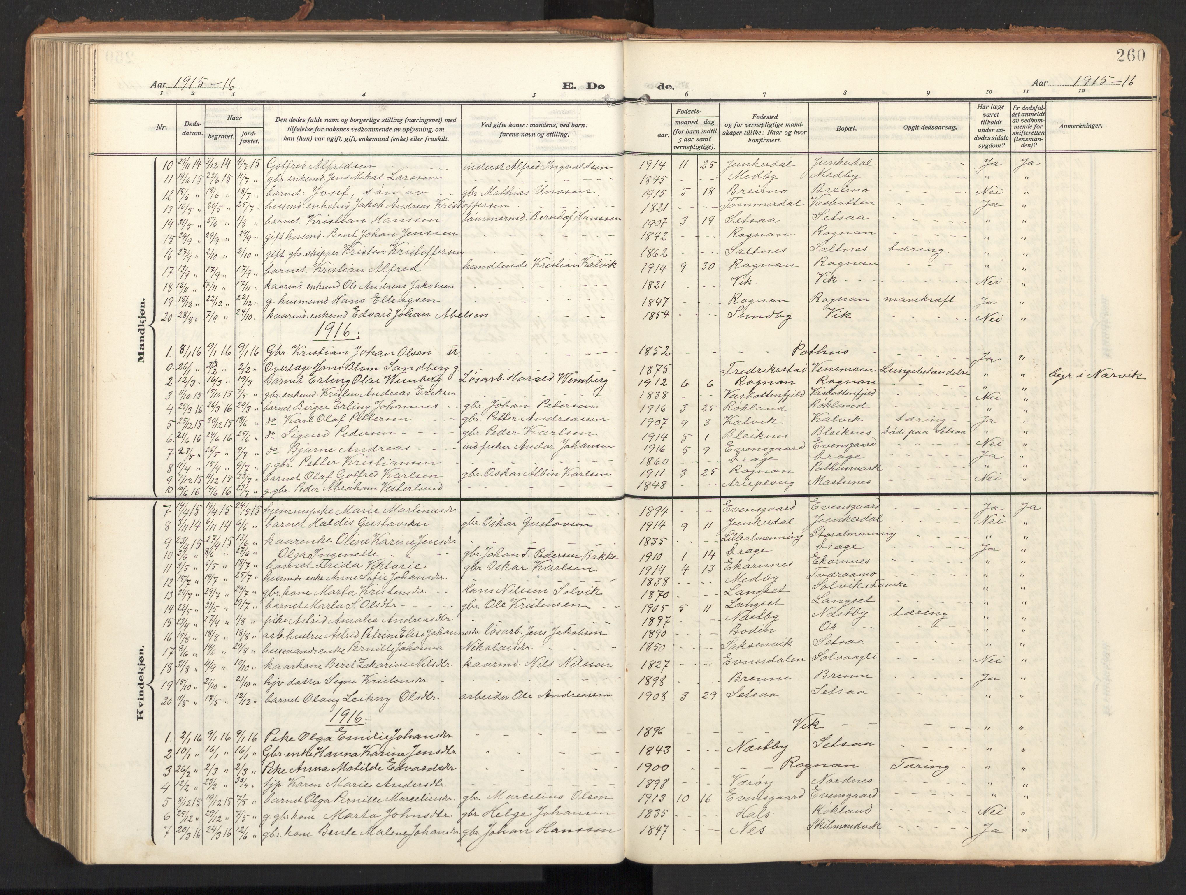 Ministerialprotokoller, klokkerbøker og fødselsregistre - Nordland, AV/SAT-A-1459/847/L0683: Klokkerbok nr. 847C11, 1908-1929, s. 260