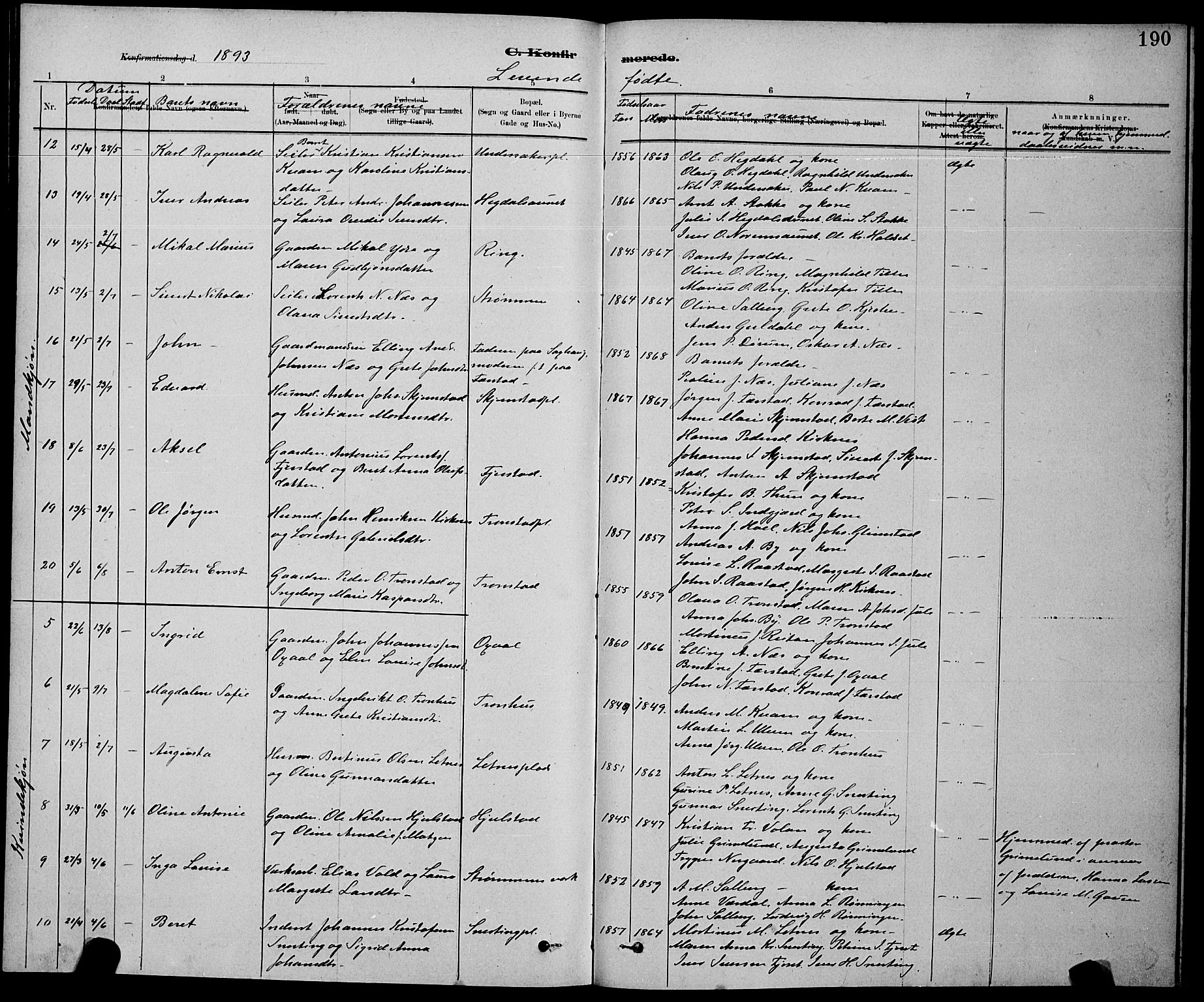 Ministerialprotokoller, klokkerbøker og fødselsregistre - Nord-Trøndelag, SAT/A-1458/730/L0301: Klokkerbok nr. 730C04, 1880-1897, s. 190