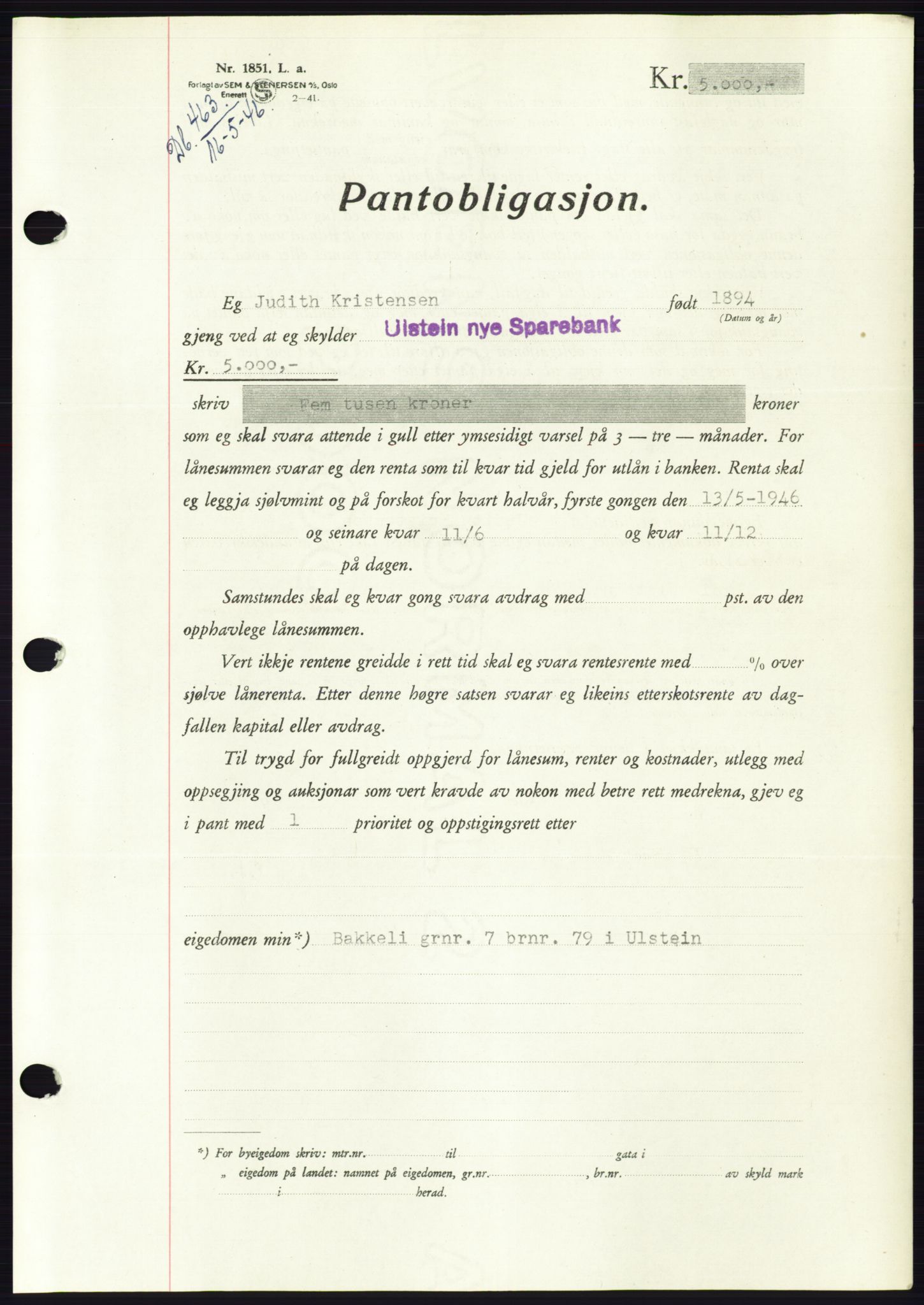 Søre Sunnmøre sorenskriveri, AV/SAT-A-4122/1/2/2C/L0114: Pantebok nr. 1-2B, 1943-1947, Dagboknr: 463/1946