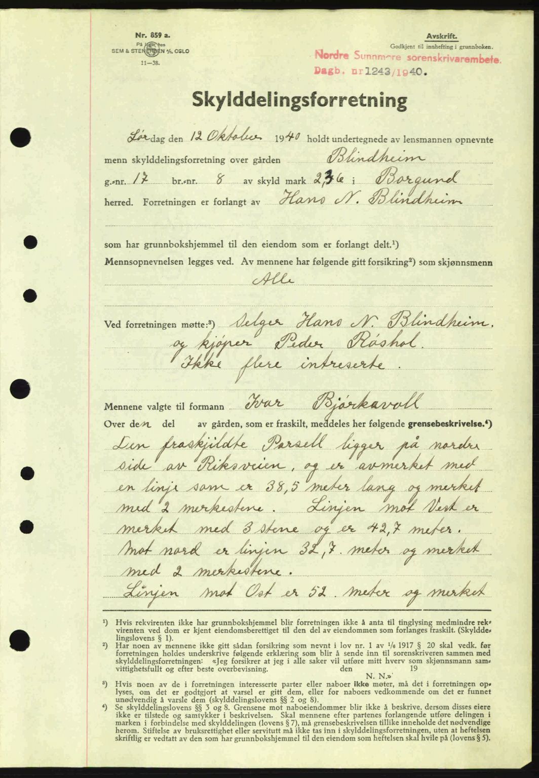 Nordre Sunnmøre sorenskriveri, AV/SAT-A-0006/1/2/2C/2Ca: Pantebok nr. A9, 1940-1940, Dagboknr: 1243/1940