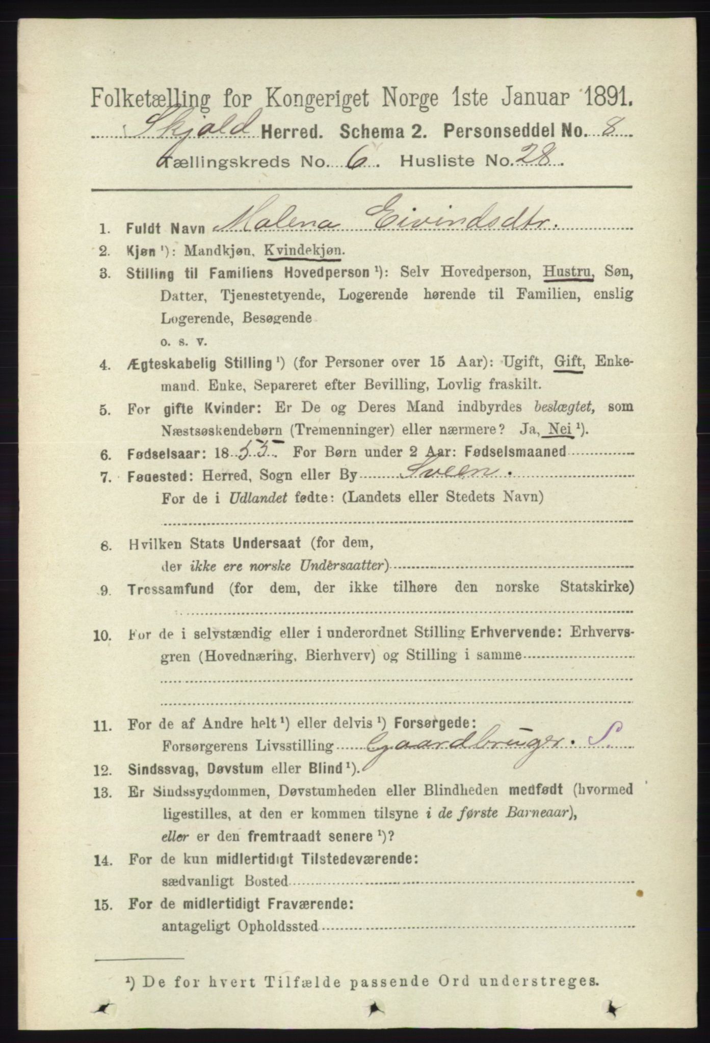 RA, Folketelling 1891 for 1154 Skjold herred, 1891, s. 1160