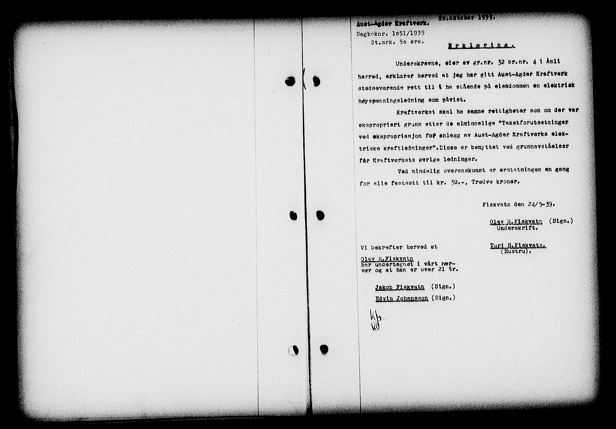 Nedenes sorenskriveri, SAK/1221-0006/G/Gb/Gba/L0047: Pantebok nr. A-I, 1939-1940, Dagboknr: 1051/1939
