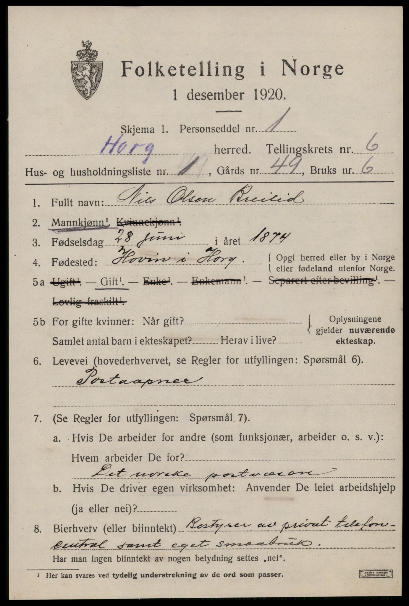 SAT, Folketelling 1920 for 1650 Horg herred, 1920, s. 4060