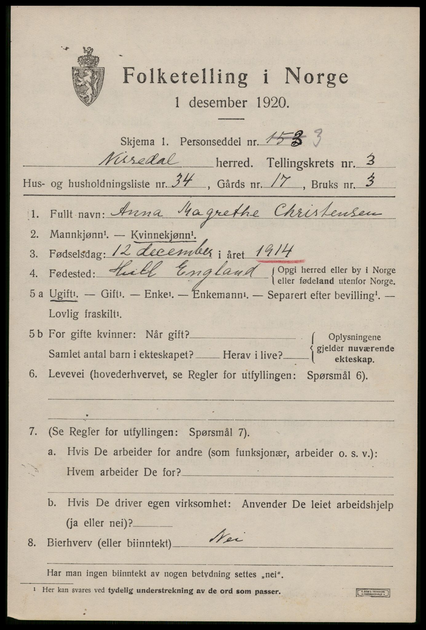 SAKO, Folketelling 1920 for 0830 Nissedal herred, 1920, s. 1801