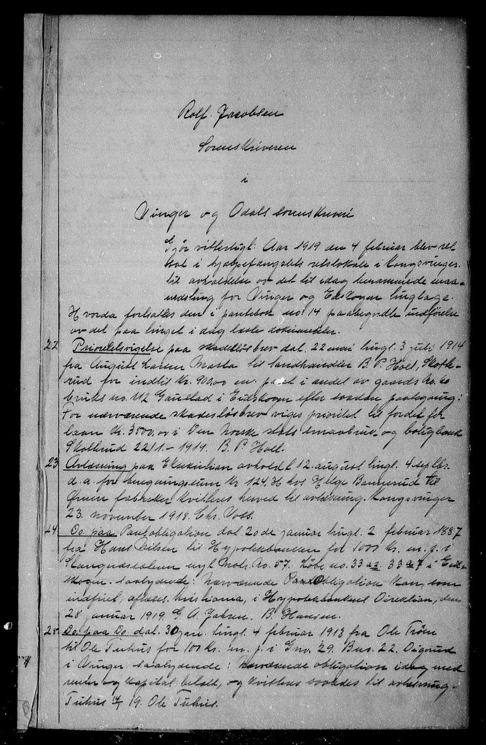 Vinger og Odal sorenskriveri, AV/SAH-TING-022/H/Hb/Hbc/L0015: Pantebok nr. 15, 1919-1922, s. 1