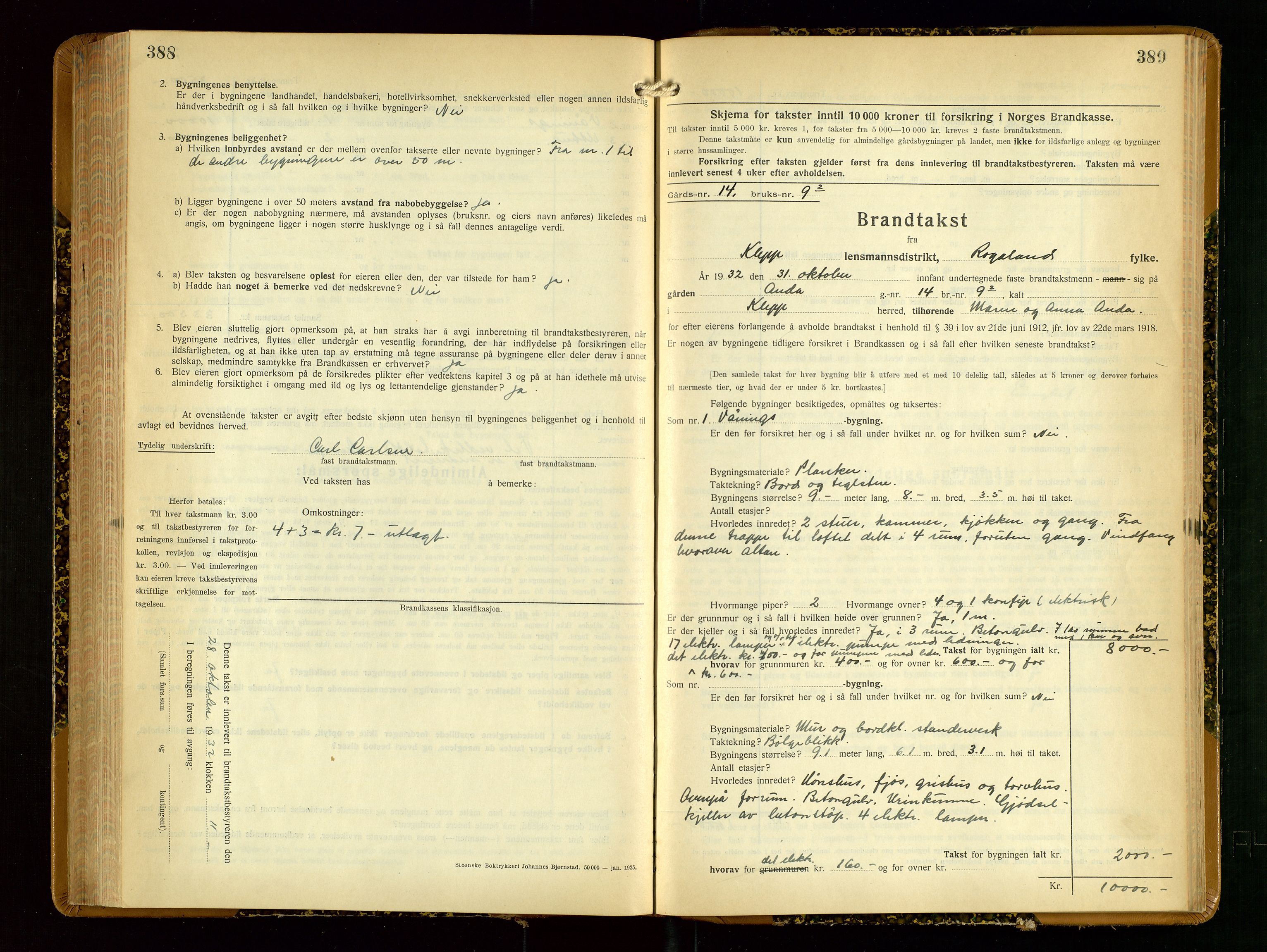 Klepp lensmannskontor, AV/SAST-A-100163/Goc/L0012: "Brandtakstprotokoll" m/register, 1929-1933, s. 388-389