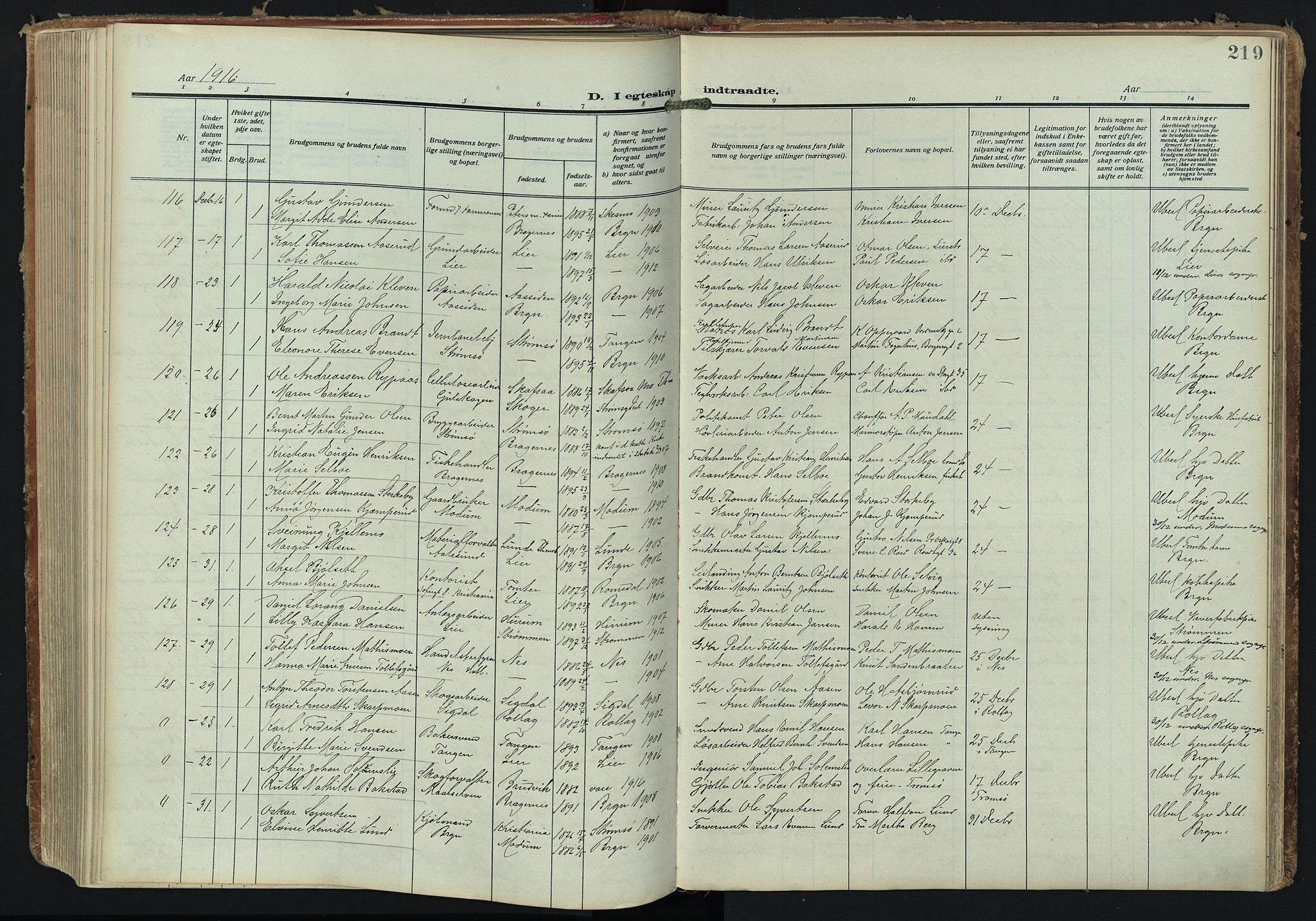 Bragernes kirkebøker, AV/SAKO-A-6/F/Fc/L0008: Ministerialbok nr. III 8, 1909-1921, s. 219