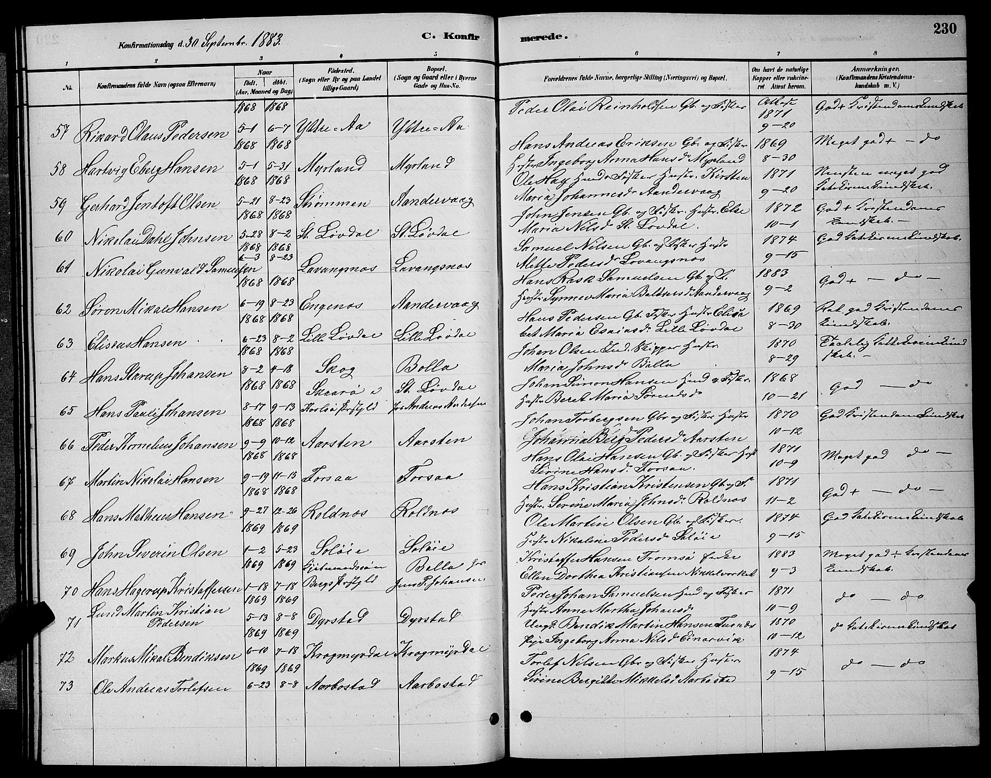 Ibestad sokneprestembete, AV/SATØ-S-0077/H/Ha/Hab/L0007klokker: Klokkerbok nr. 7, 1879-1889, s. 230