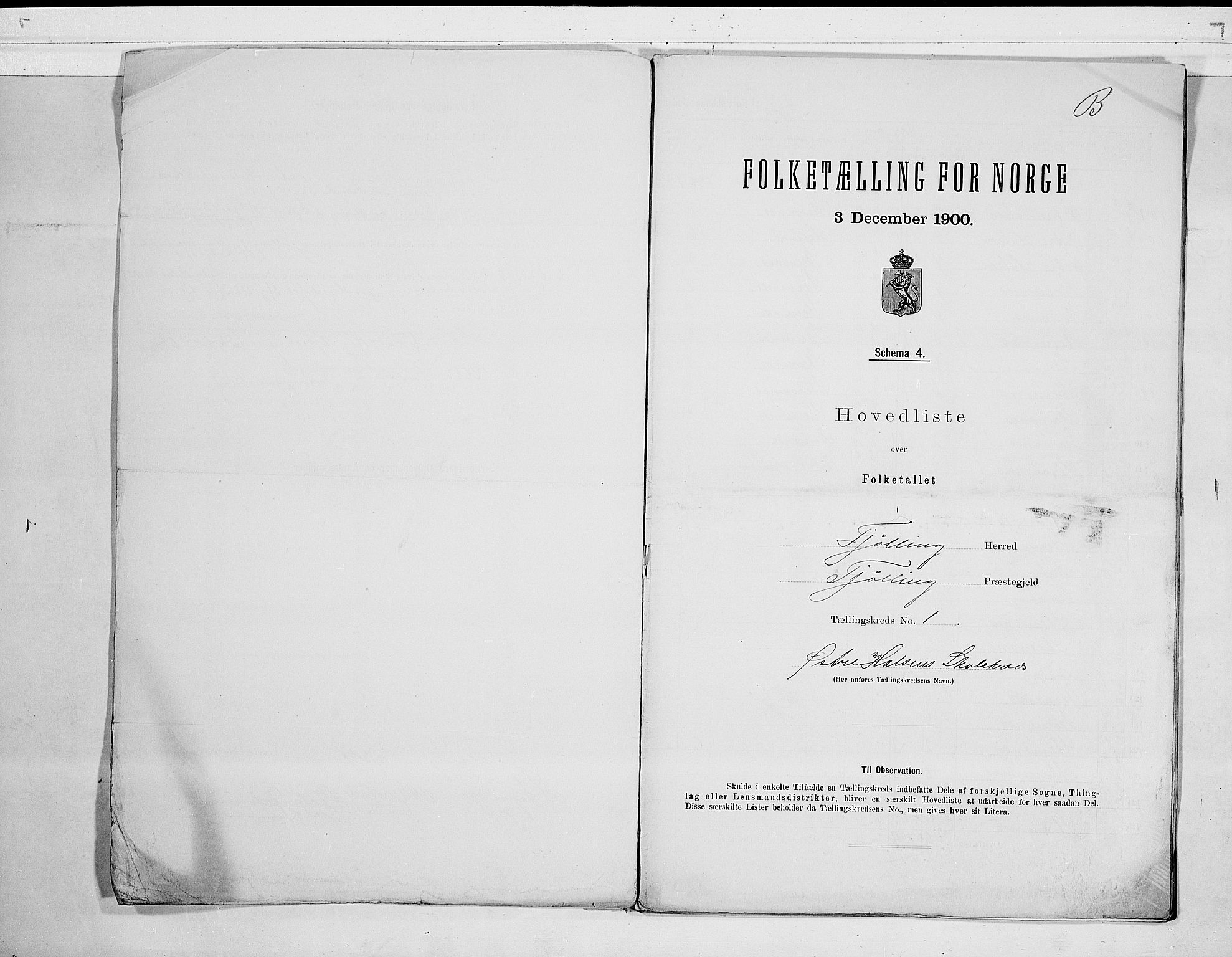 RA, Folketelling 1900 for 0725 Tjølling herred, 1900, s. 4