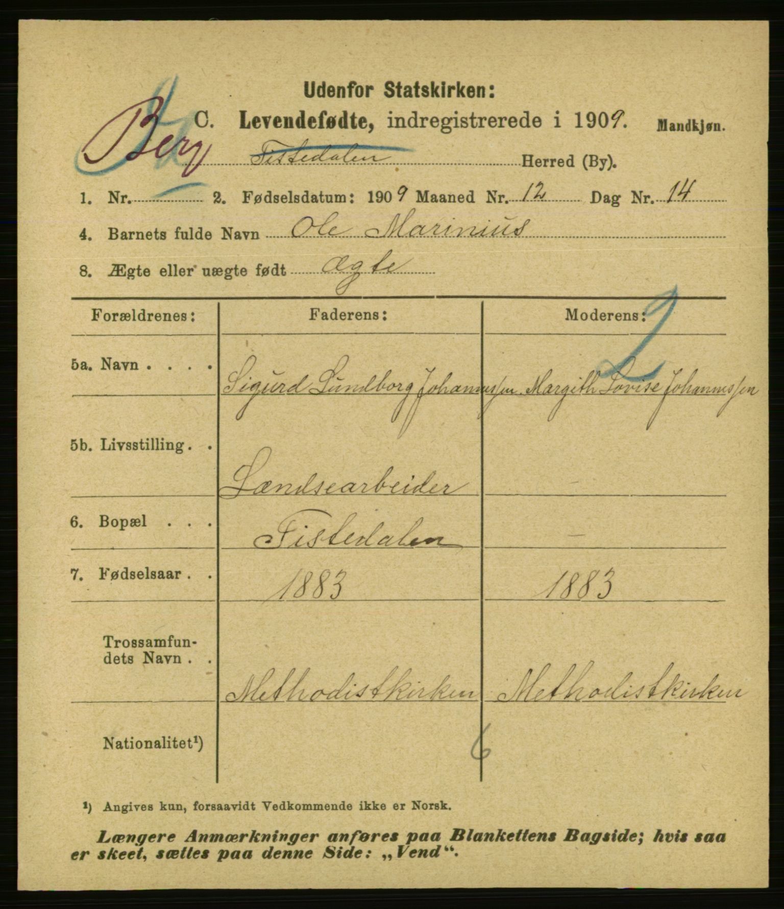 Statistisk sentralbyrå, Sosiodemografiske emner, Befolkning, AV/RA-S-2228/E/L0007: Fødte, gifte, døde dissentere., 1909, s. 9