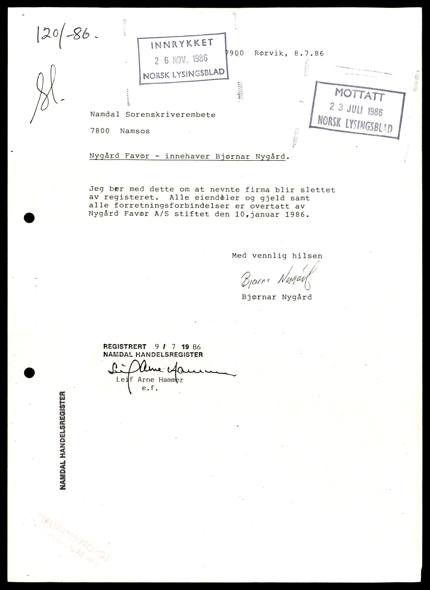 Namdal sorenskriveri, SAT/A-4133/2/J/Jd/Jda/L0013: Bilag. Kopi av registreringsmeldinger, 1986-1988, s. 1