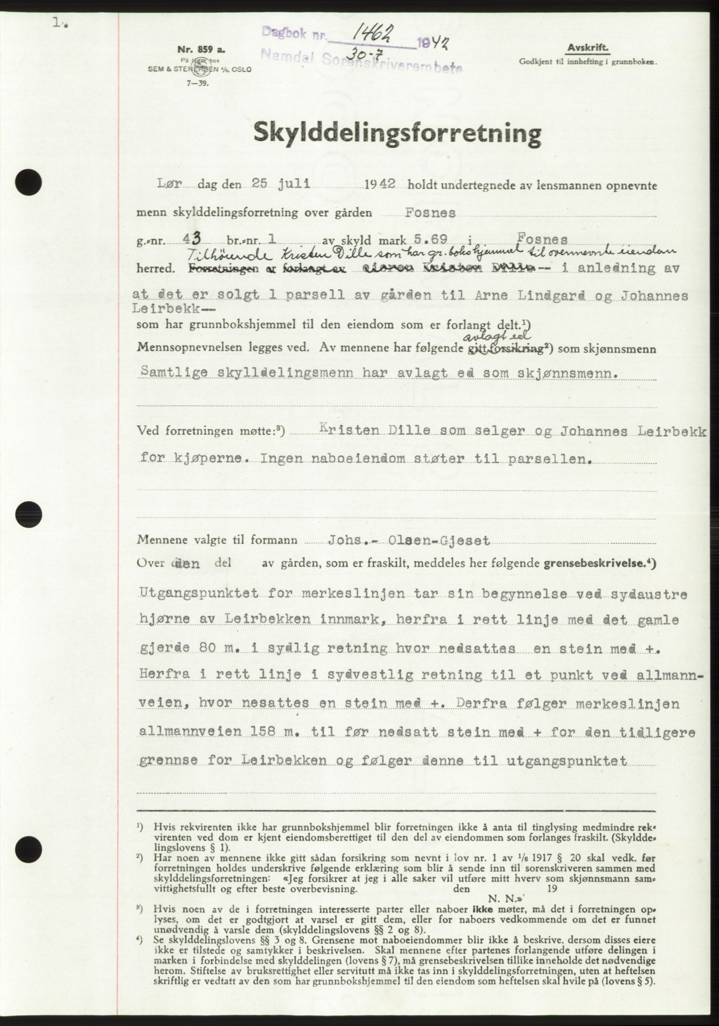 Namdal sorenskriveri, SAT/A-4133/1/2/2C: Pantebok nr. -, 1942-1943, Dagboknr: 1462/1942