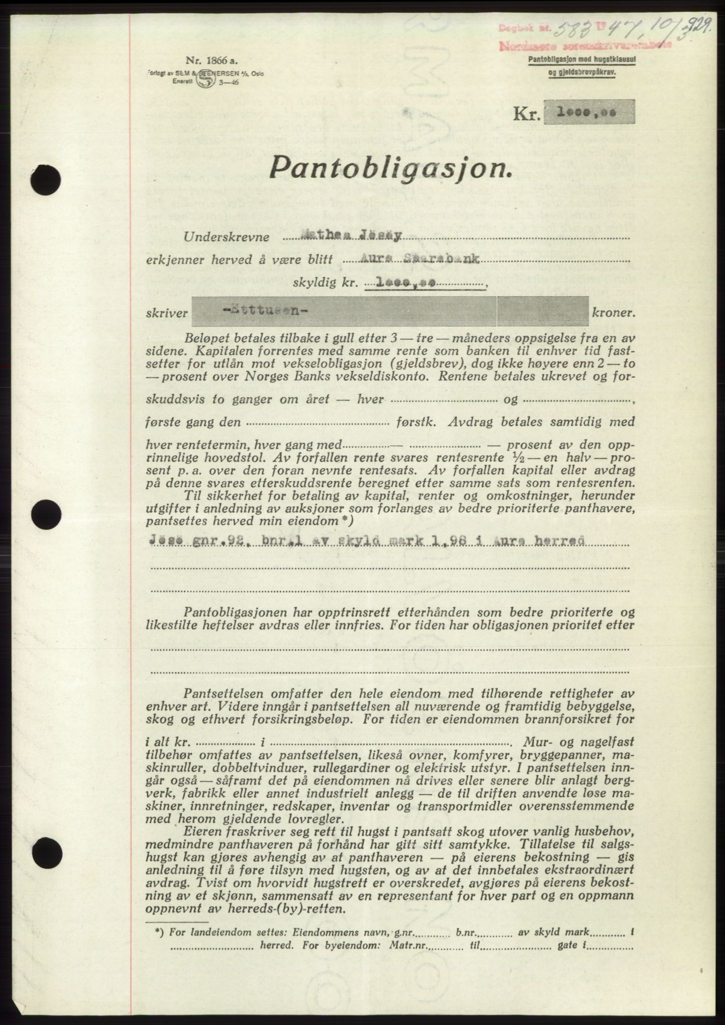 Nordmøre sorenskriveri, SAT/A-4132/1/2/2Ca: Pantebok nr. B95, 1946-1947, Dagboknr: 583/1947
