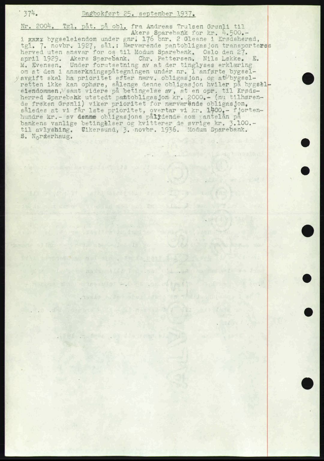 Eiker, Modum og Sigdal sorenskriveri, SAKO/A-123/G/Ga/Gab/L0036: Pantebok nr. A6, 1937-1937, Dagboknr: 2004/1937