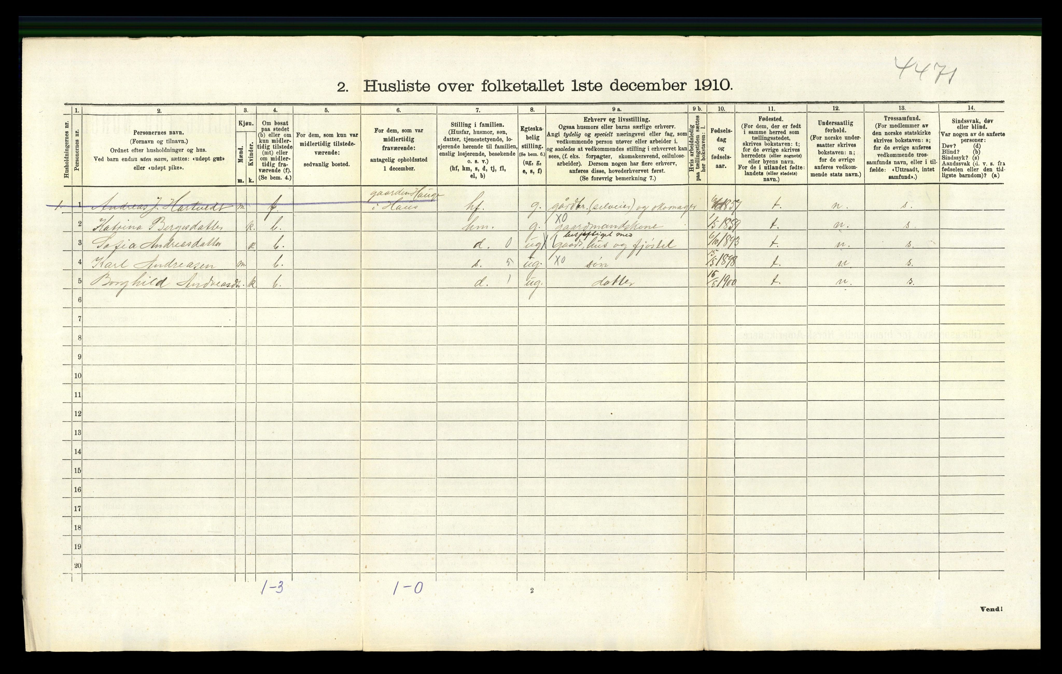 RA, Folketelling 1910 for 1250 Haus herred, 1910, s. 517