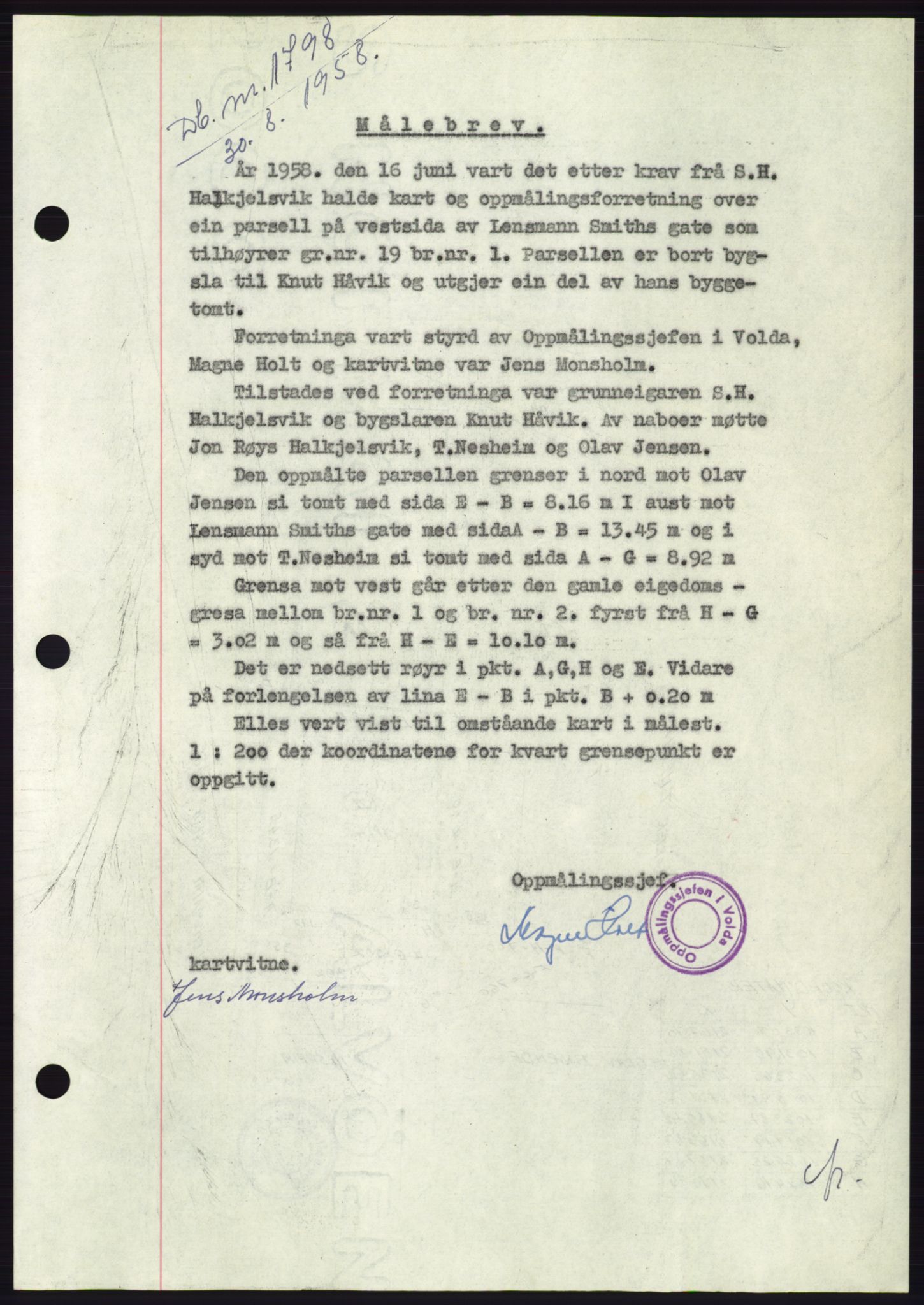 Søre Sunnmøre sorenskriveri, AV/SAT-A-4122/1/2/2C/L0110: Pantebok nr. 36A, 1958-1958, Dagboknr: 1798/1958