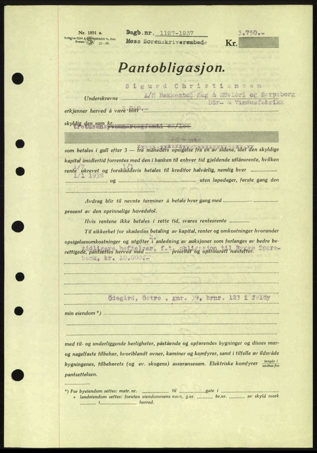 Moss sorenskriveri, SAO/A-10168: Pantebok nr. B3, 1937-1937, Dagboknr: 1127/1937