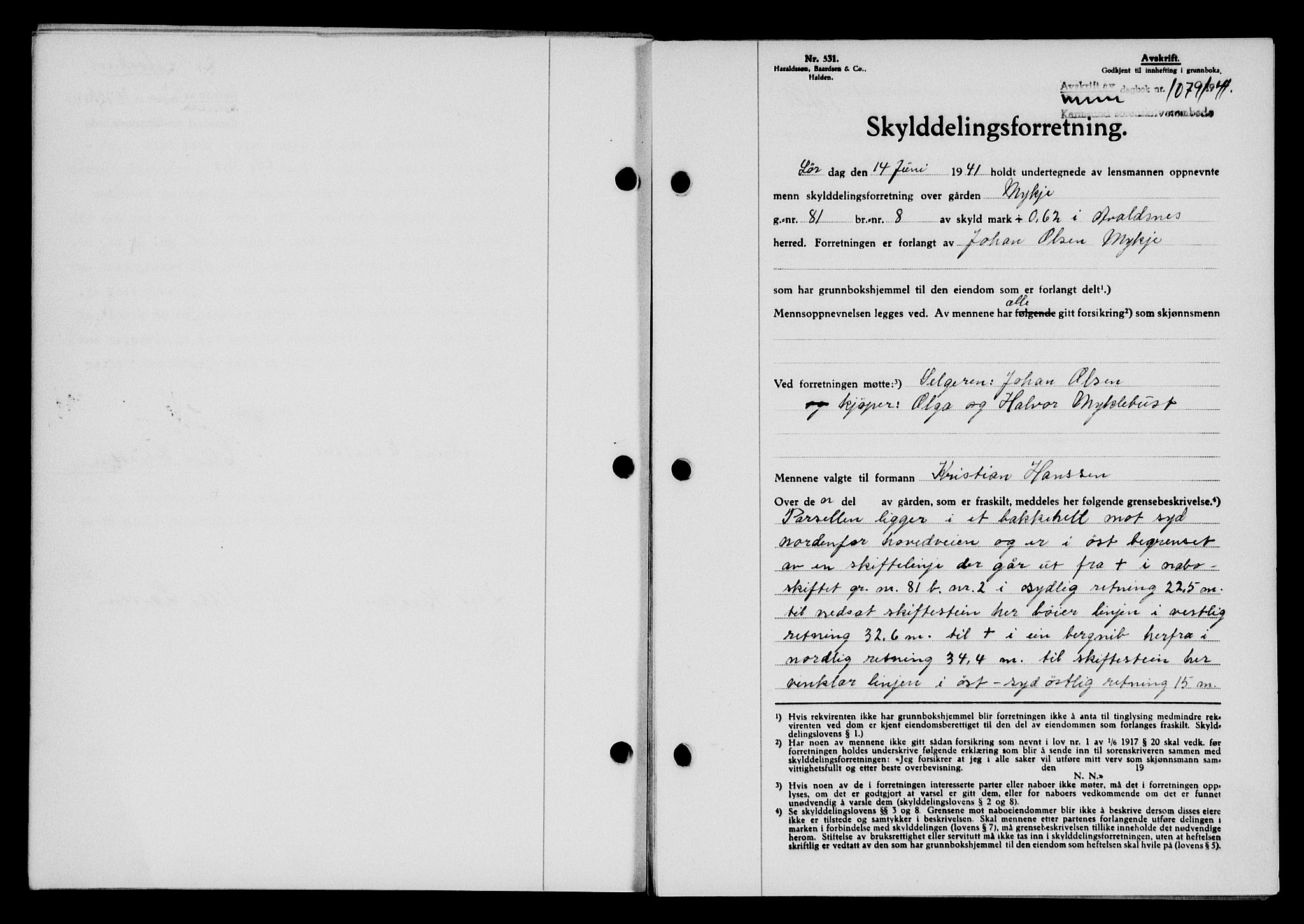 Karmsund sorenskriveri, SAST/A-100311/01/II/IIB/L0075: Pantebok nr. 56A, 1941-1941, Dagboknr: 1079/1941