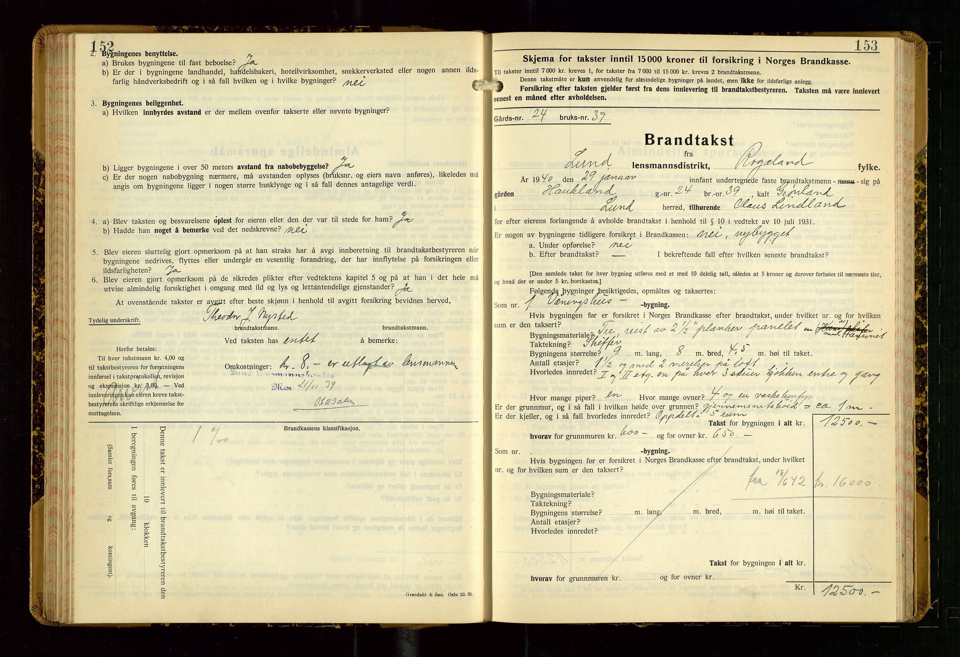 Lund lensmannskontor, AV/SAST-A-100303/Gob/L0006: "Brandtakstprotokoll", 1938-1951, s. 152-153