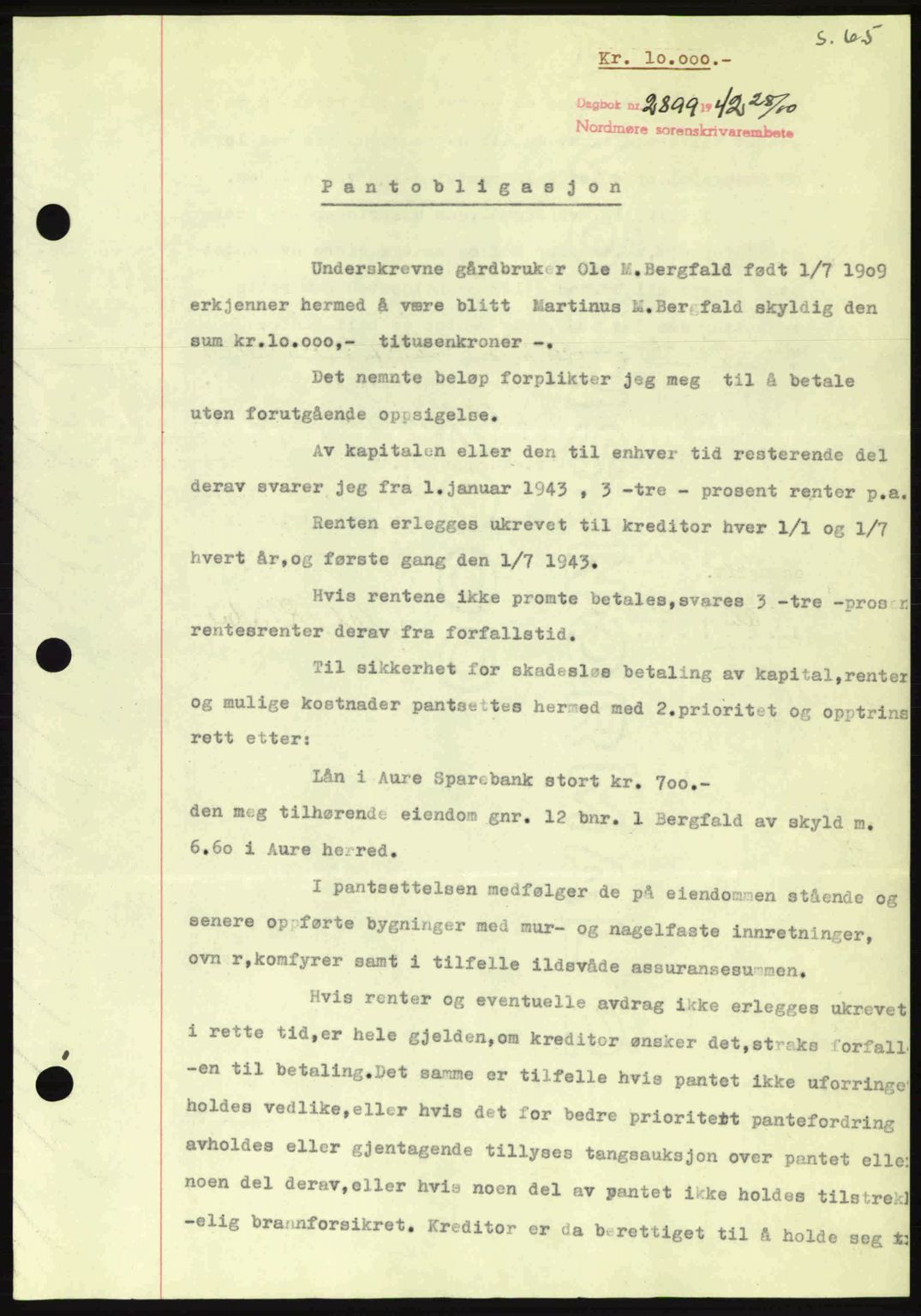 Nordmøre sorenskriveri, SAT/A-4132/1/2/2Ca: Pantebok nr. B90, 1942-1943, Dagboknr: 2899/1942