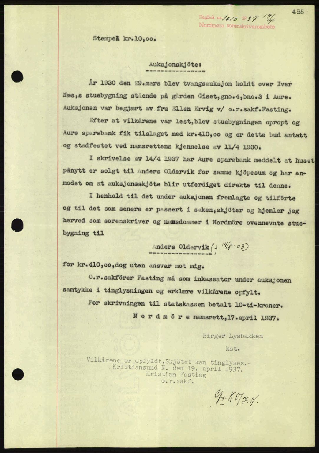 Nordmøre sorenskriveri, SAT/A-4132/1/2/2Ca: Pantebok nr. A81, 1937-1937, Dagboknr: 1010/1937