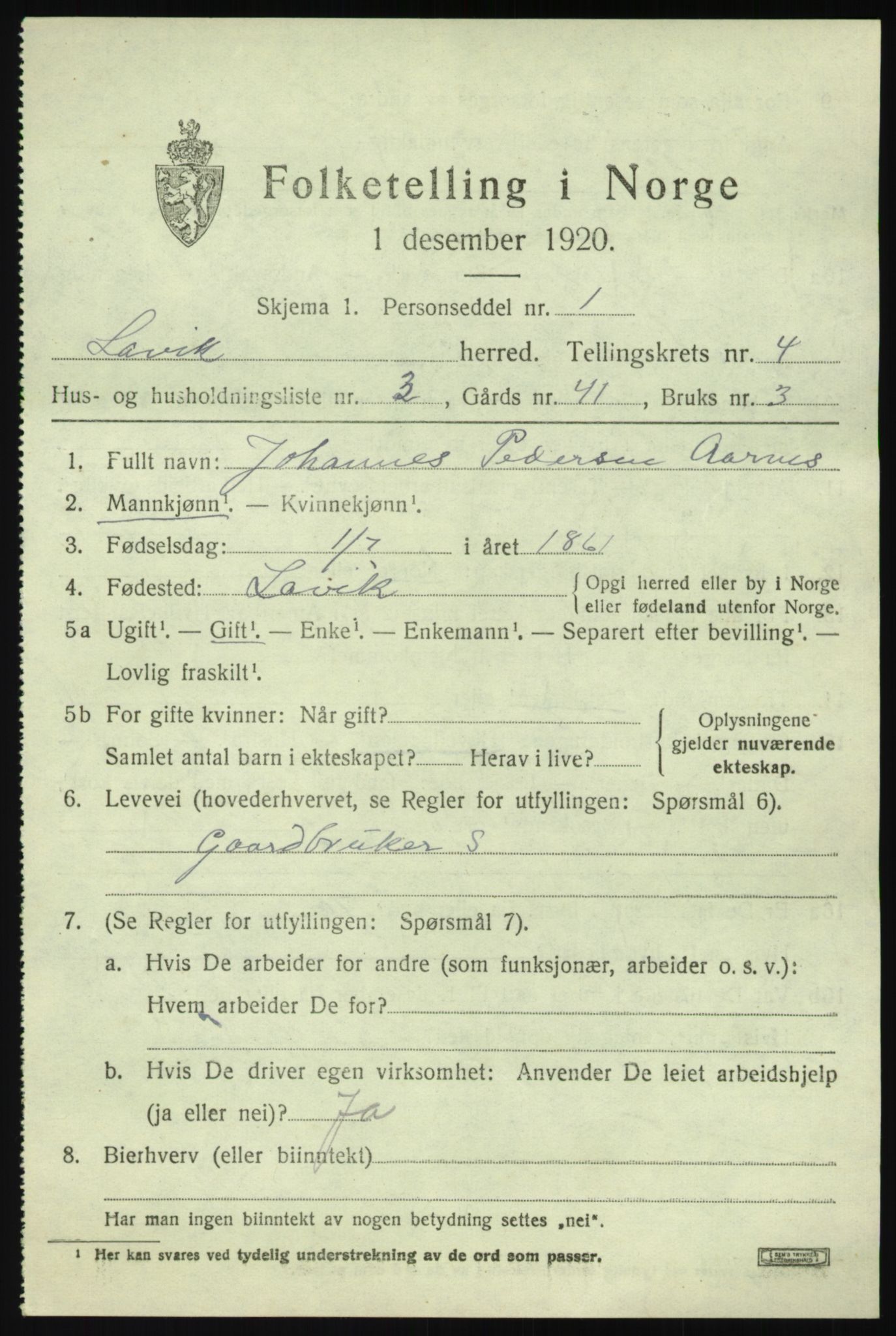 SAB, Folketelling 1920 for 1415 Lavik herred, 1920, s. 758