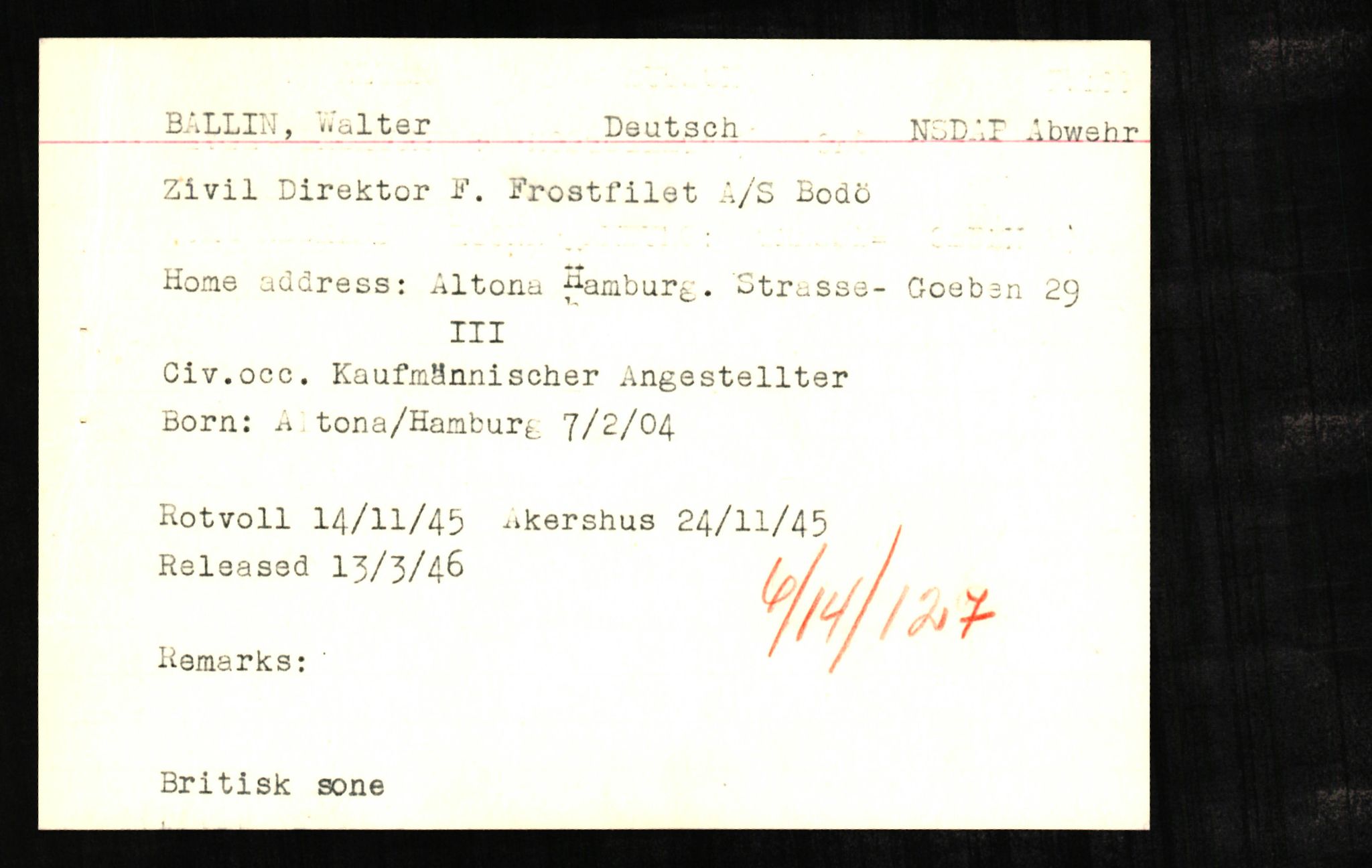 Forsvaret, Forsvarets overkommando II, AV/RA-RAFA-3915/D/Db/L0002: CI Questionaires. Tyske okkupasjonsstyrker i Norge. Tyskere., 1945-1946, s. 23