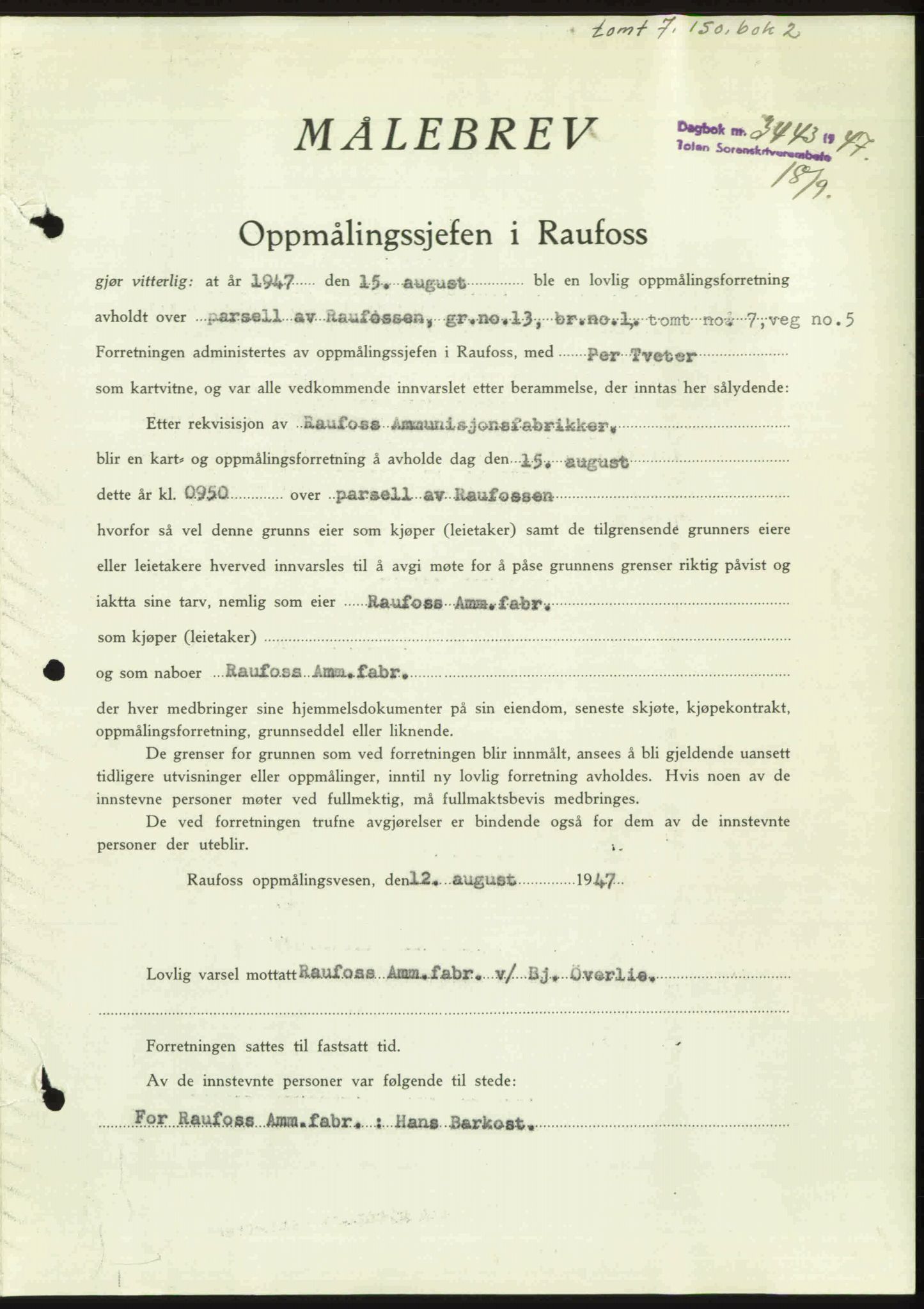 Toten tingrett, AV/SAH-TING-006/H/Hb/Hbc/L0018: Pantebok nr. Hbc-18, 1947-1947, Dagboknr: 3443/1947