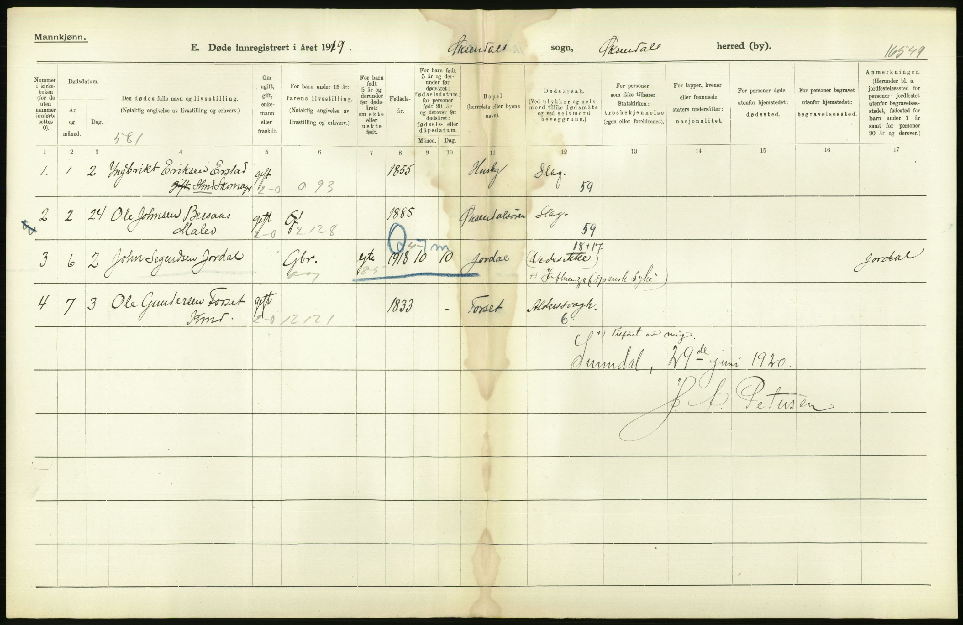 Statistisk sentralbyrå, Sosiodemografiske emner, Befolkning, AV/RA-S-2228/D/Df/Dfb/Dfbi/L0042: Møre fylke: Døde. Bygder og byer., 1919, s. 188