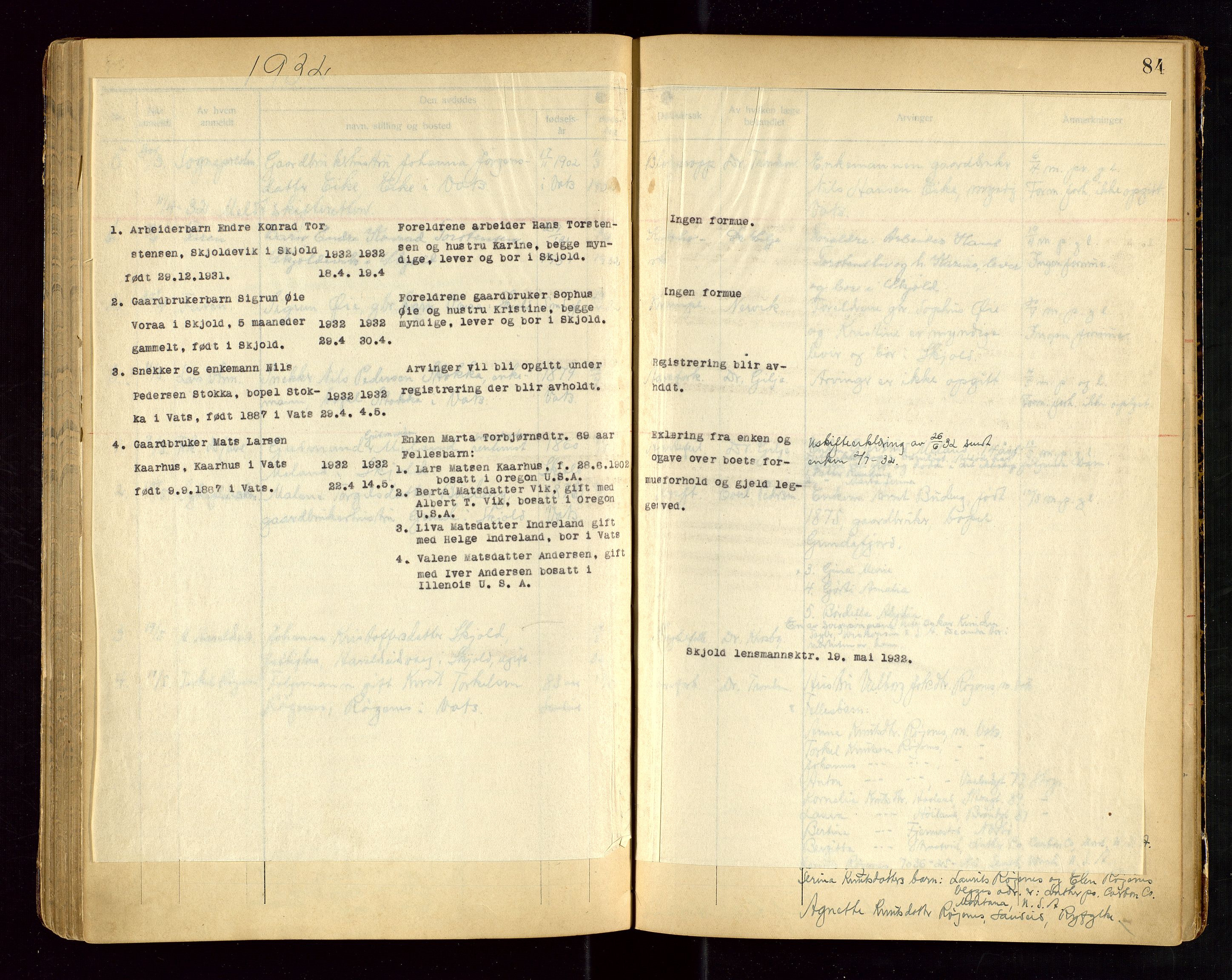 Skjold lensmannskontor, AV/SAST-A-100182/Gga/L0004: "Dødsfaldsprotkol for Skjold", 1922-1934, s. 84