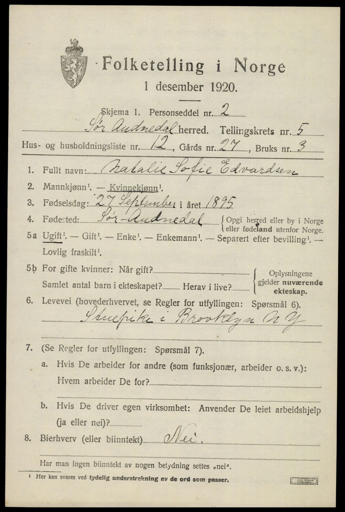 SAK, Folketelling 1920 for 1029 Sør-Audnedal herred, 1920, s. 2617