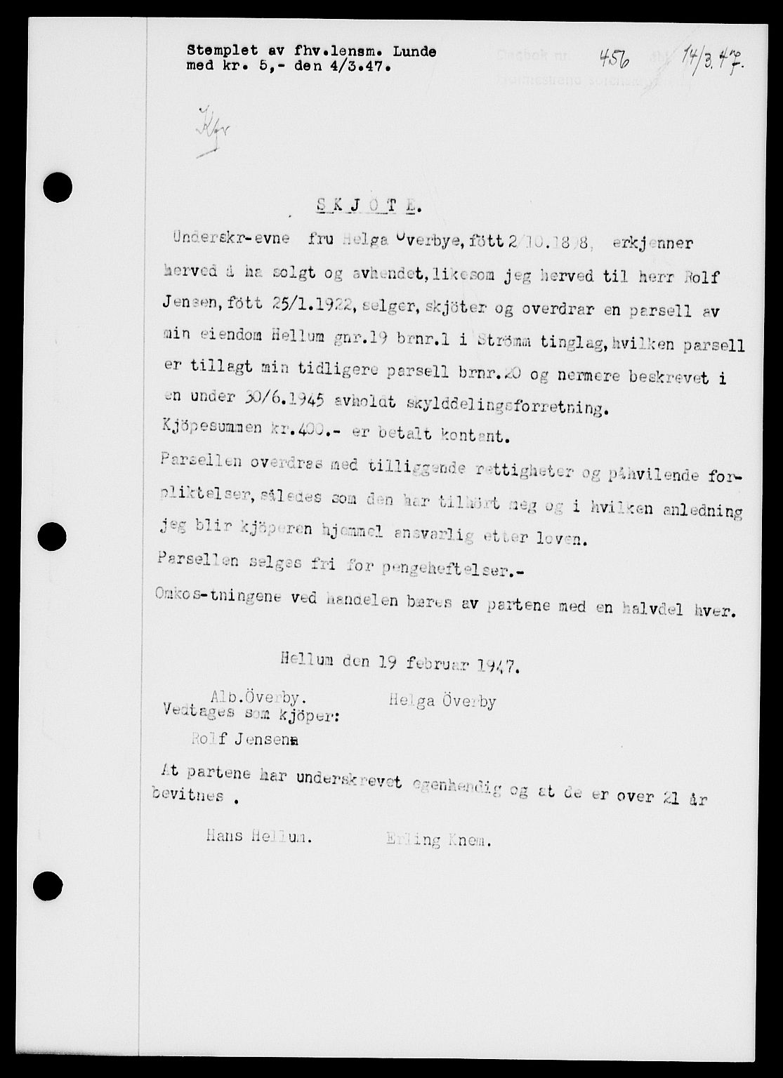 Holmestrand sorenskriveri, SAKO/A-67/G/Ga/Gaa/L0061: Pantebok nr. A-61, 1946-1947, Dagboknr: 456/1947